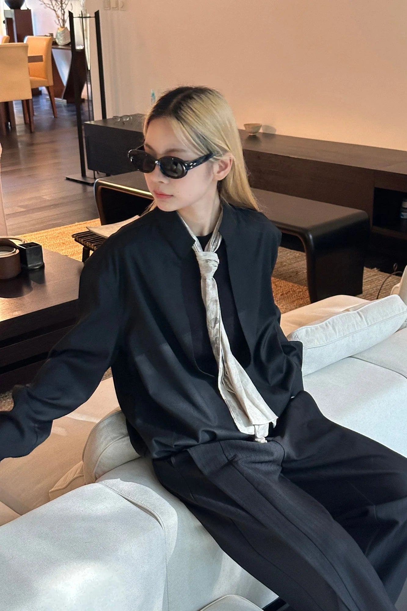 OKAYTHXBYE Multi-Wear Floral Scarf Mandarin Collar Shirt