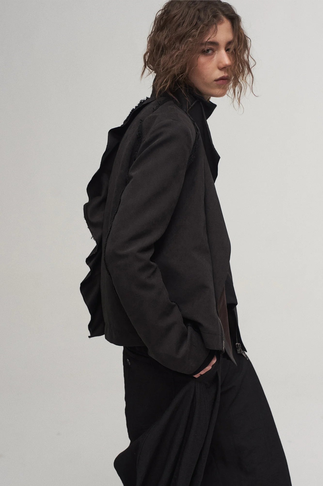 ILNya Nieternite Nifutur Asymmetrical Frayed Seam Ruffle Jacket