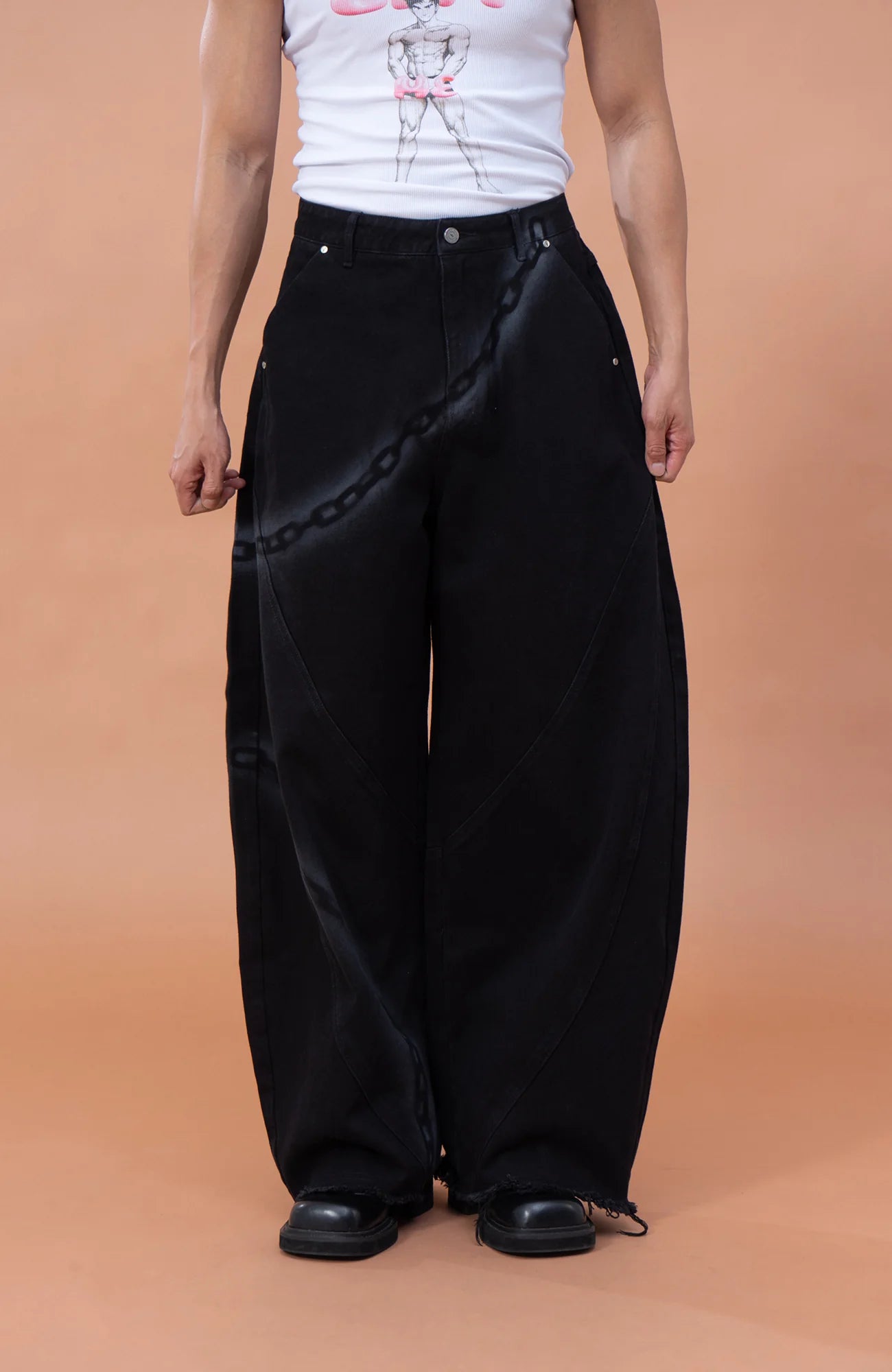 CLP Chain Graphic Frayed Curved-Leg Jeans