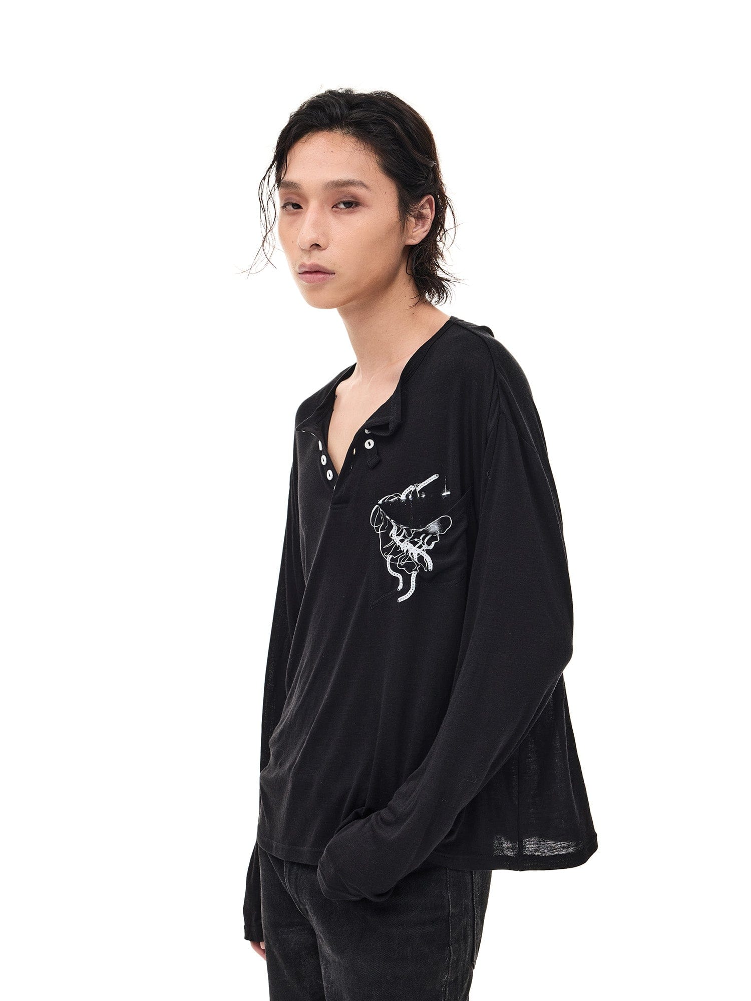 WHISTLEHUNTER Merino-Tencel Henley Graphic Long-Sleeve Tee
