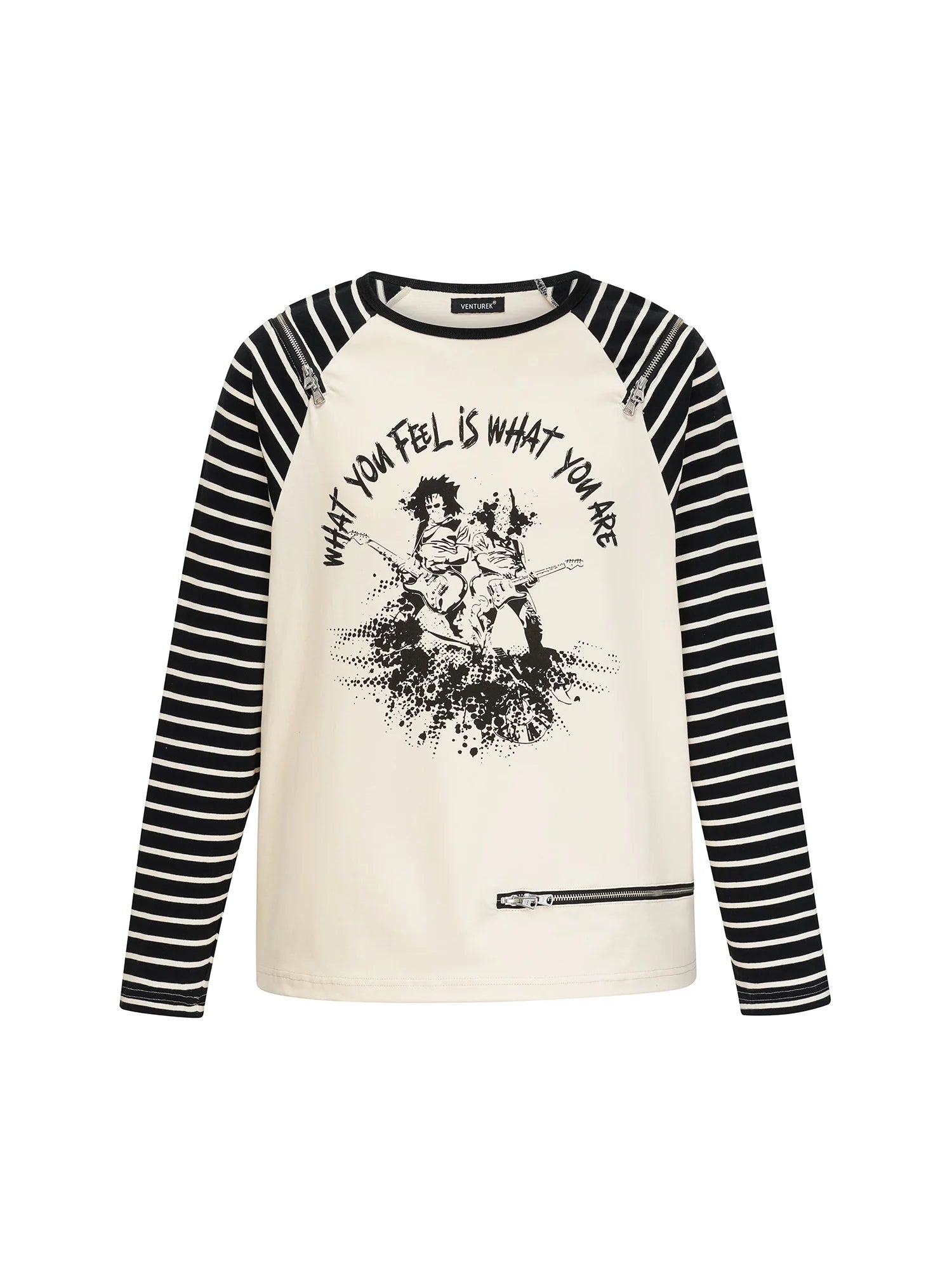 VENTUREK Punk Graphic Multi-Zip Striped Raglan Long-Sleeve Tee