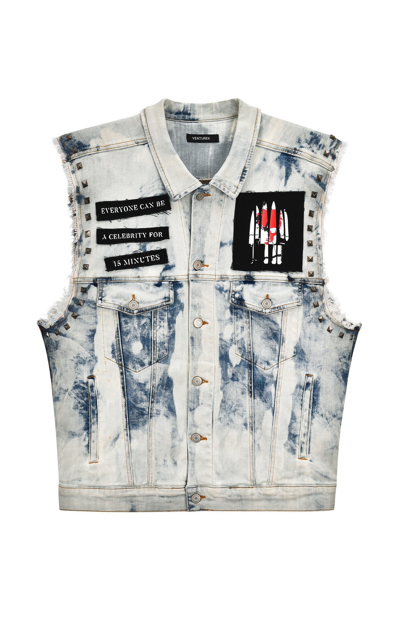 VENTUREK Distressed Washed Studded Patch Denim Vest