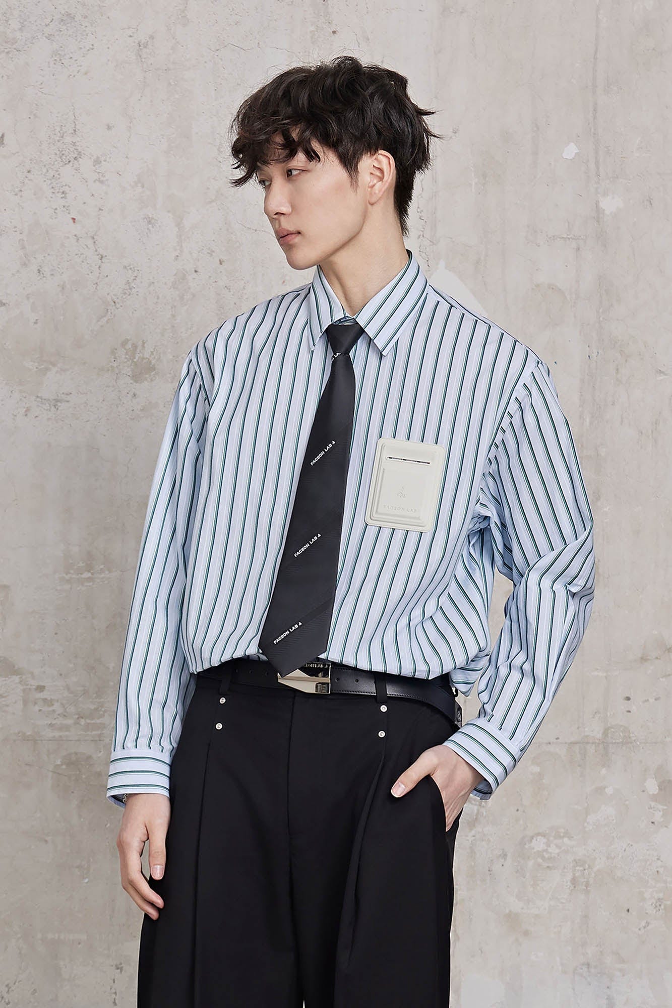FACEONLAB Striped Patch-Pocket Poplin Shirt