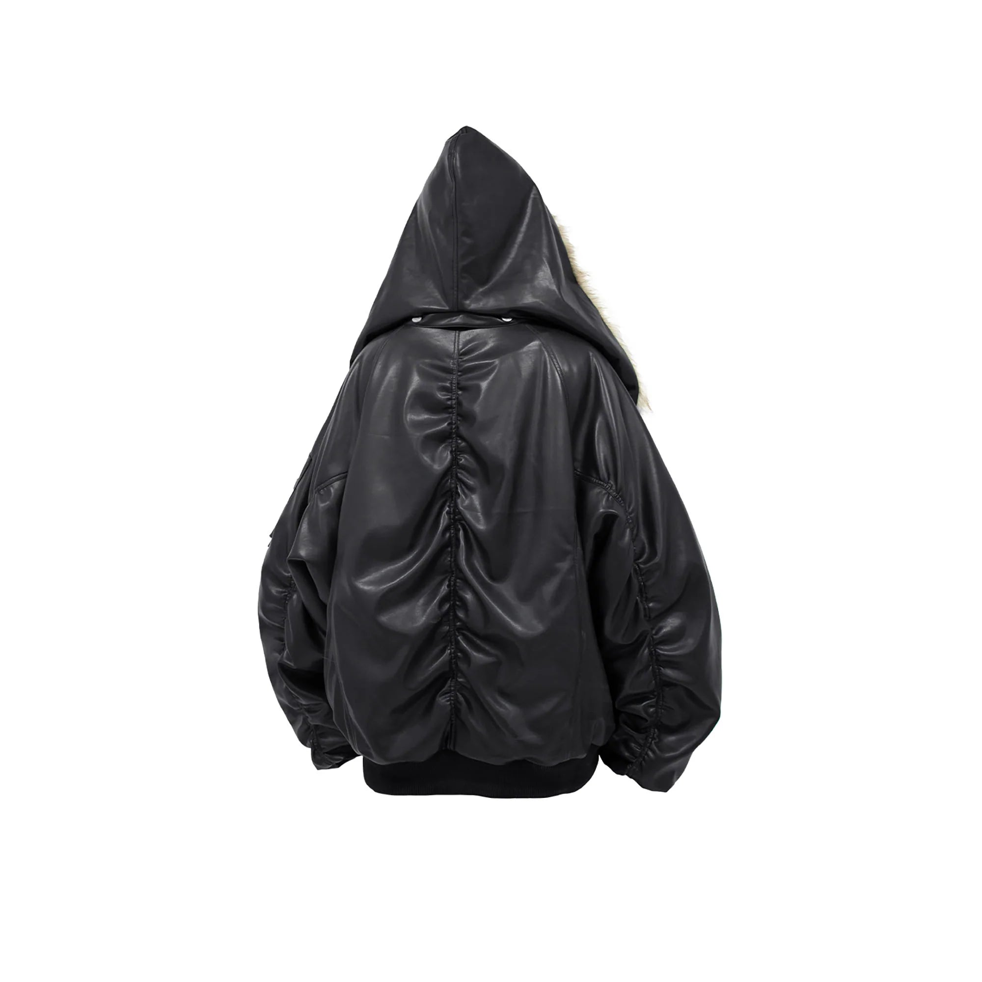 RELABEL Detachable Plush Scarf Ruched Hooded Jacket Black