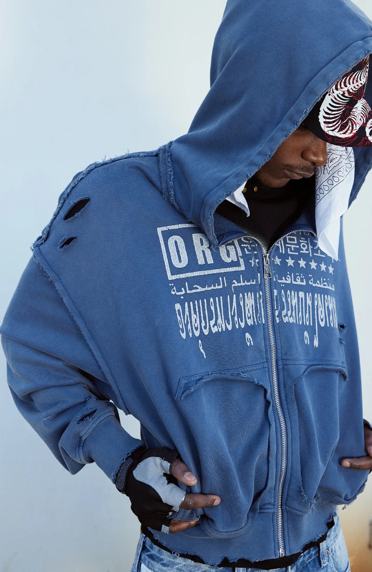 VINKID Distressed Graphic Zip-Up Hoodie