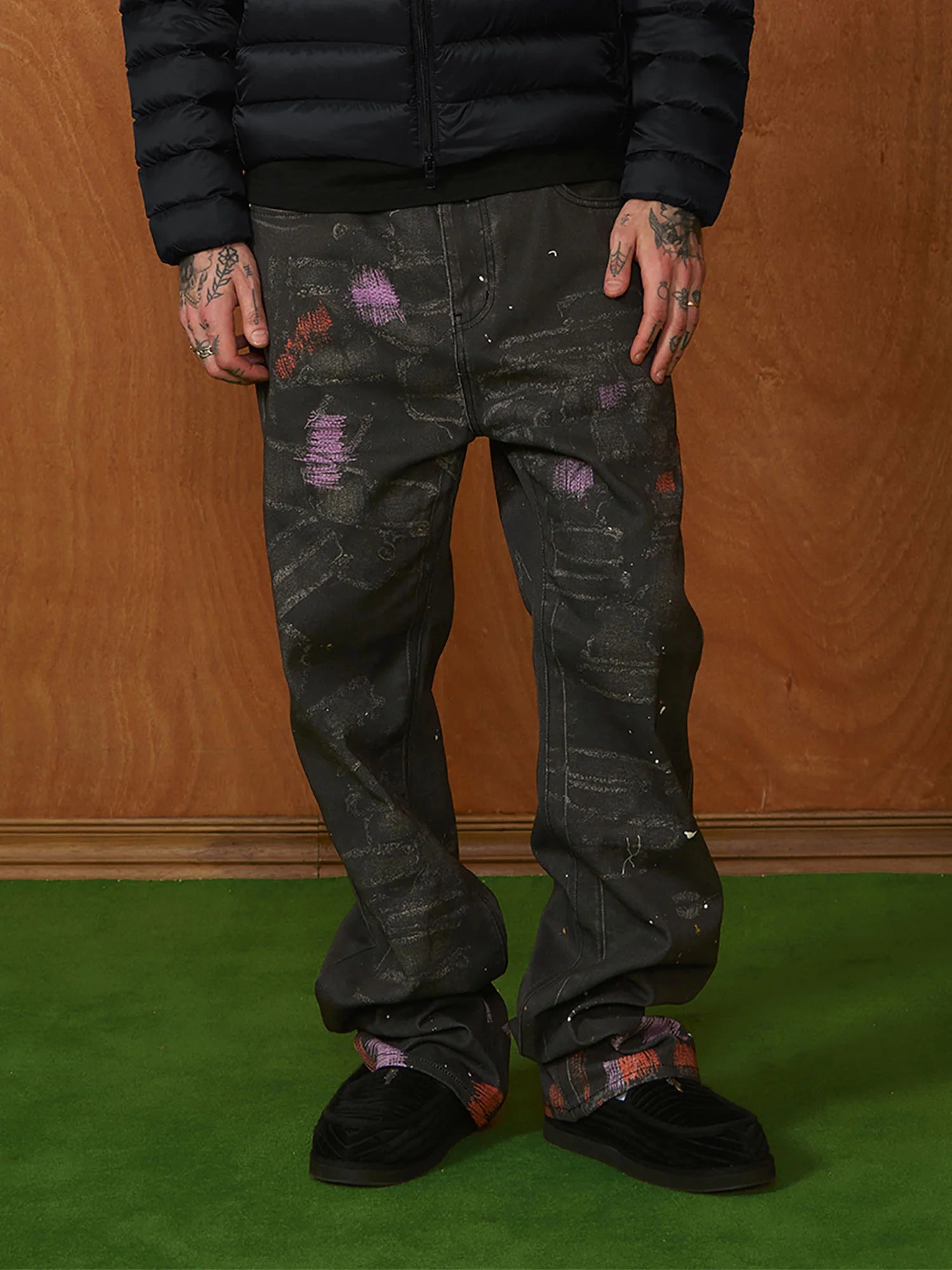 PMW Distressed Brush-Paint Straight-Leg Jeans