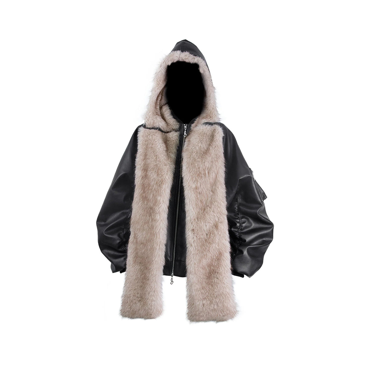 RELABEL Detachable Plush Scarf Ruched Hooded Jacket Black