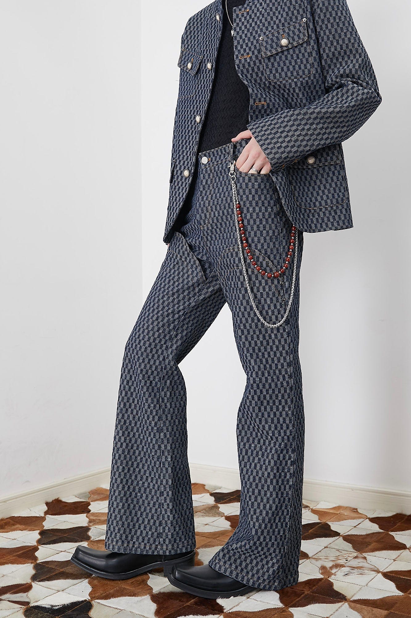ASSEEN Checkerboard Knee Paneled Flared Jeans