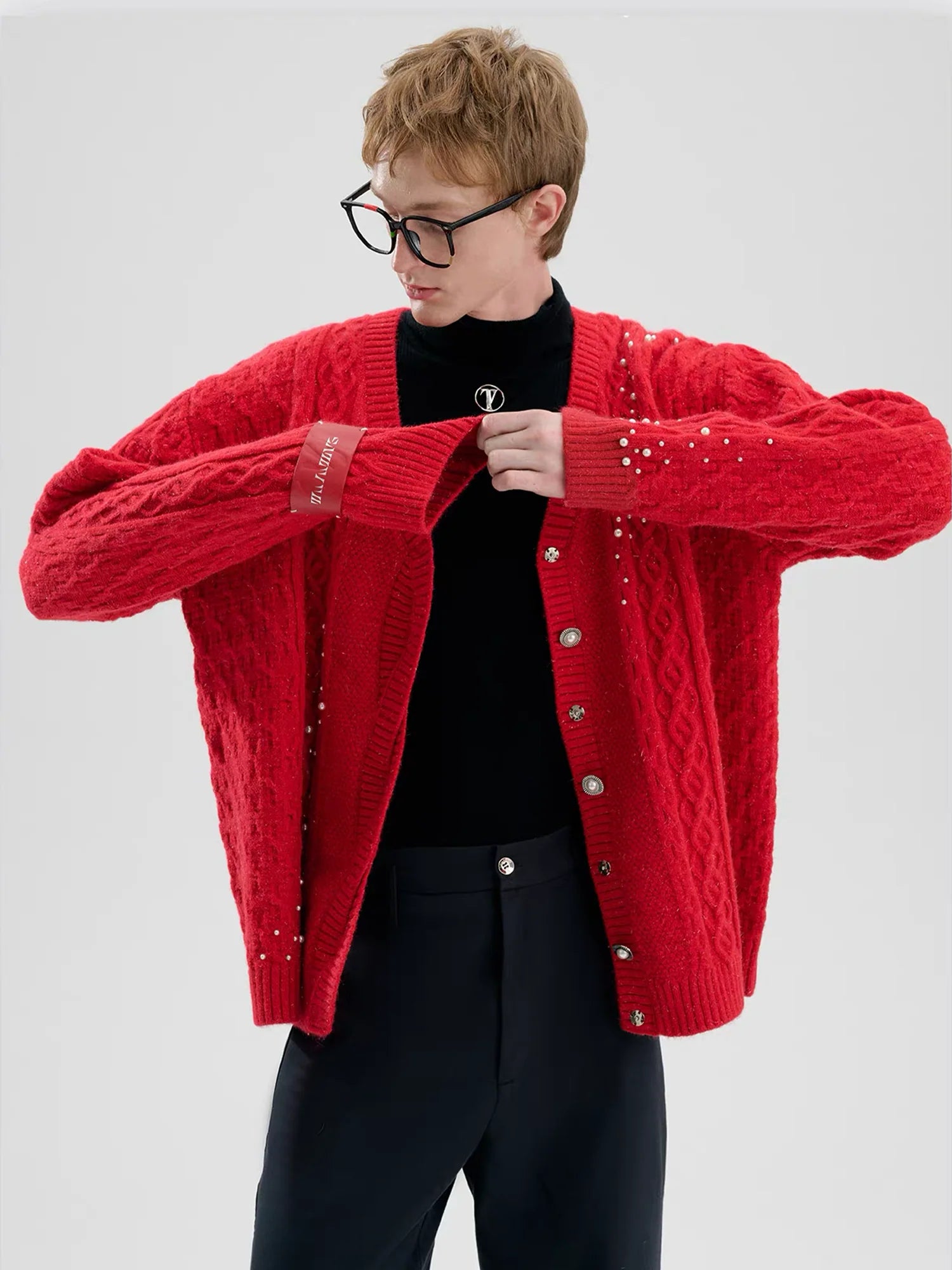 TIWILLTANG Pearl-Embellished Cable Knit Cardigan