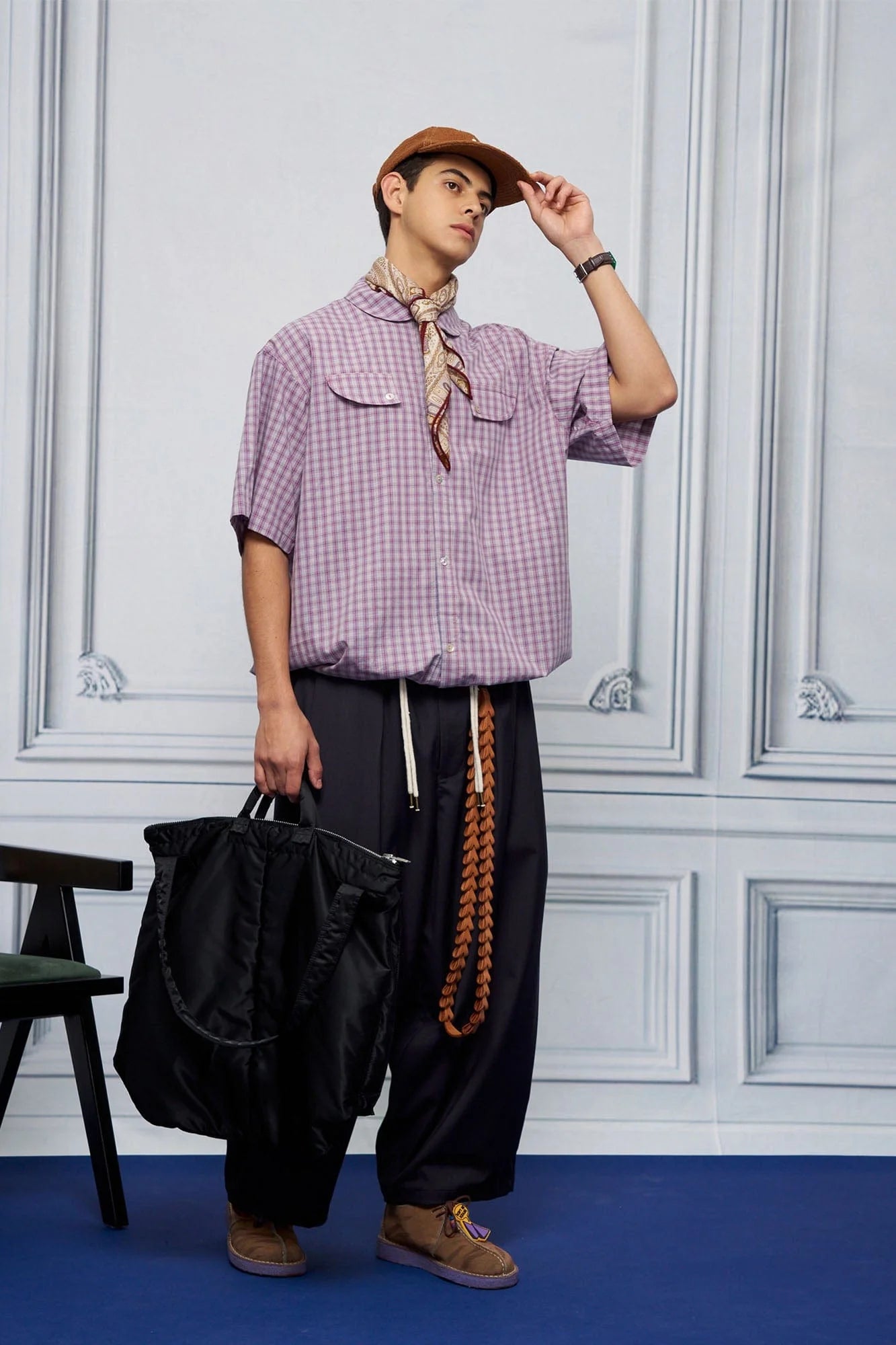 UNLIMITED MOTE Drawstring Hem Plaid Peter Pan Collar Half Shirt