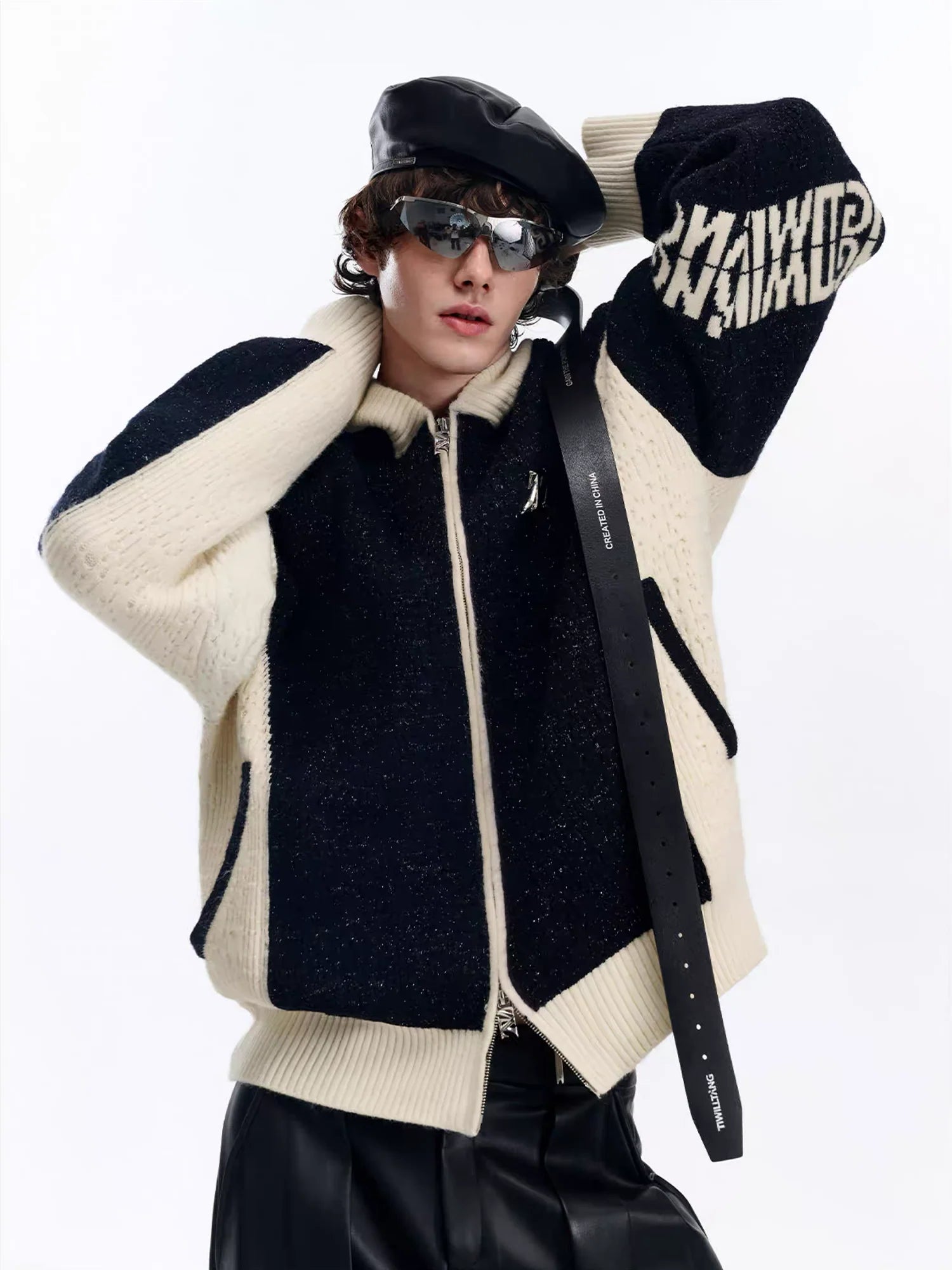 TIWILLTANG Contrast Trim Dual-Zip LOGO Chunky Knit Jacket