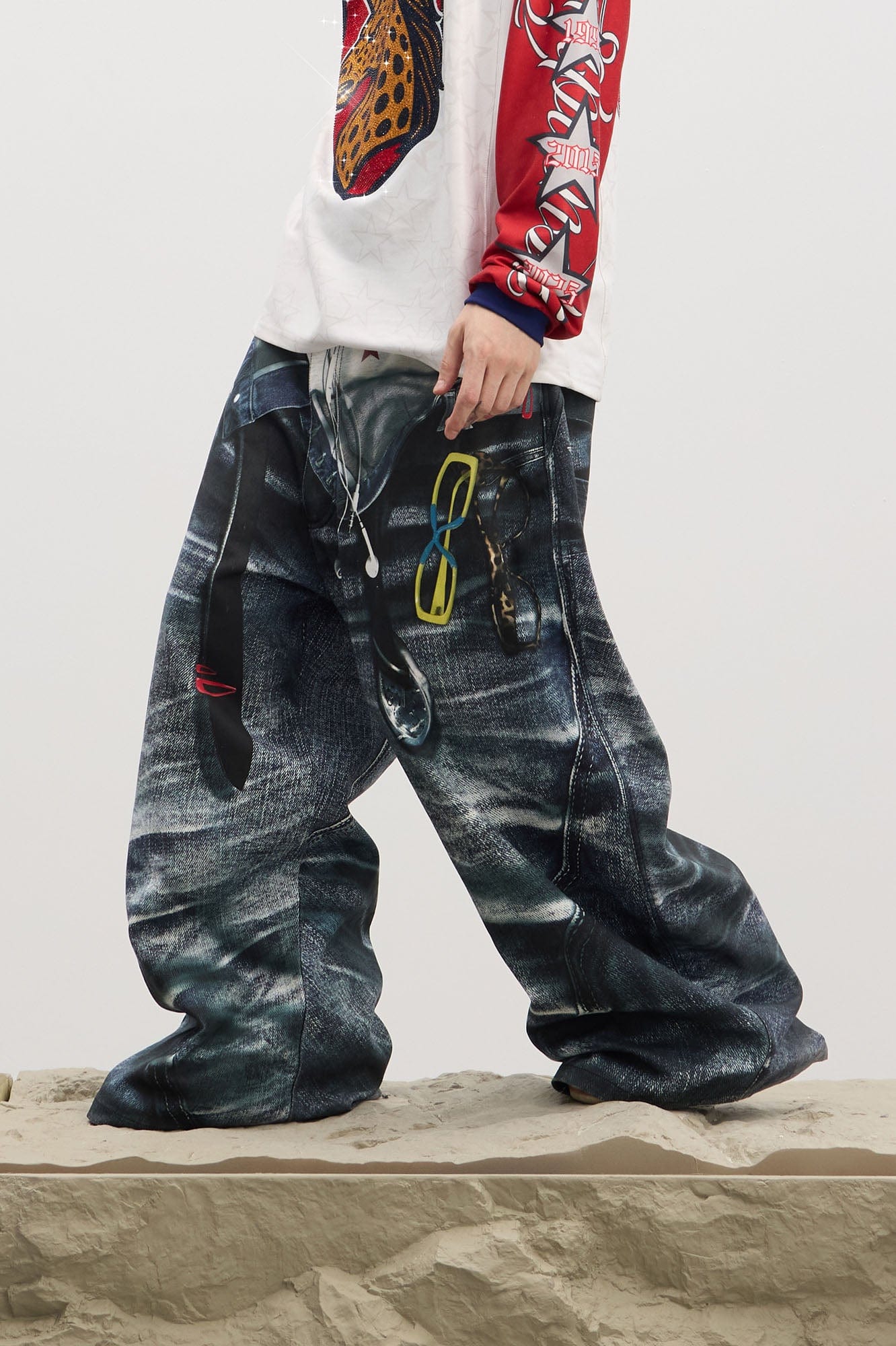 DND4DES Trompe-l'œil Double-Waist Baggy Jeans