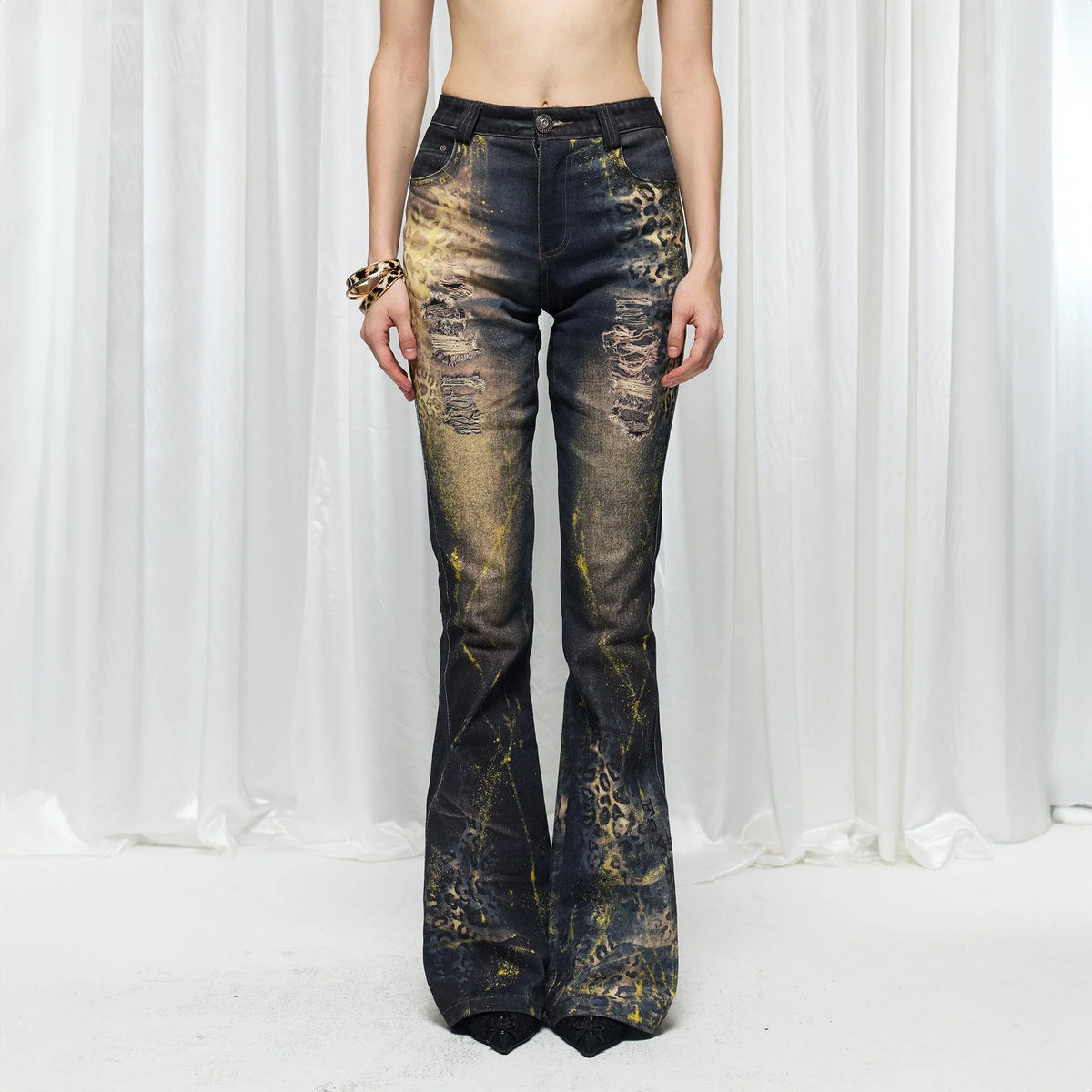 DND4DES×Faychui Distressed Leopard Splattered Flared Jeans