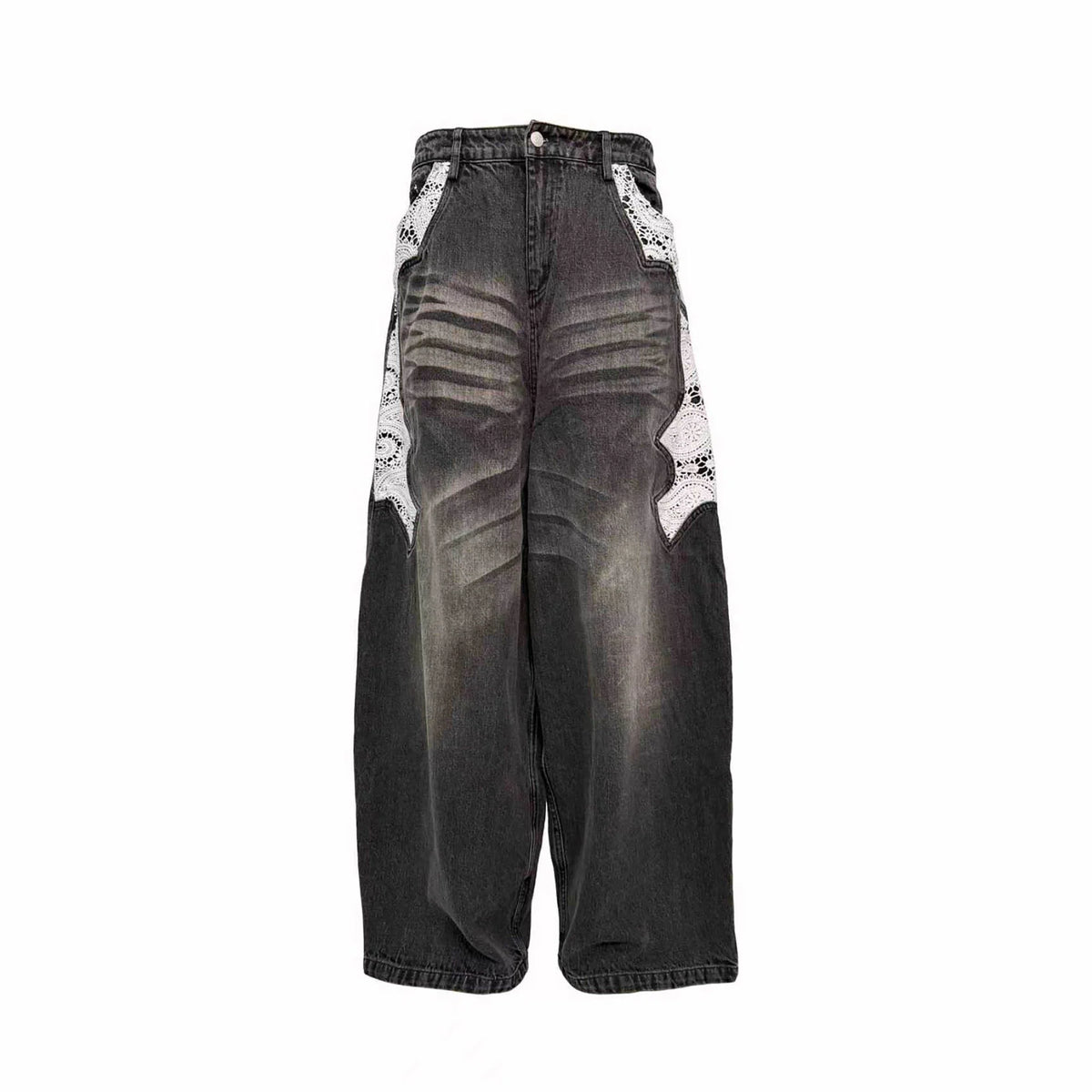PCCVISION Lace Spliced Washed Wide-Leg Jeans