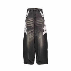 PCCVISION Lace Spliced Washed Wide-Leg Jeans
