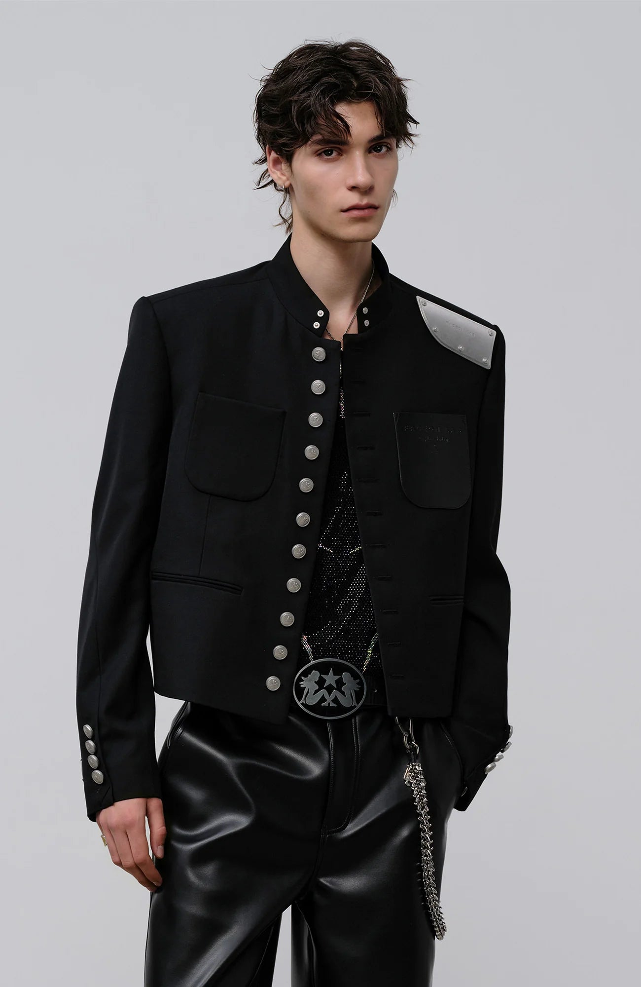 FACEONLAB Stand-Collar Metal-Shoulder Blazer Black