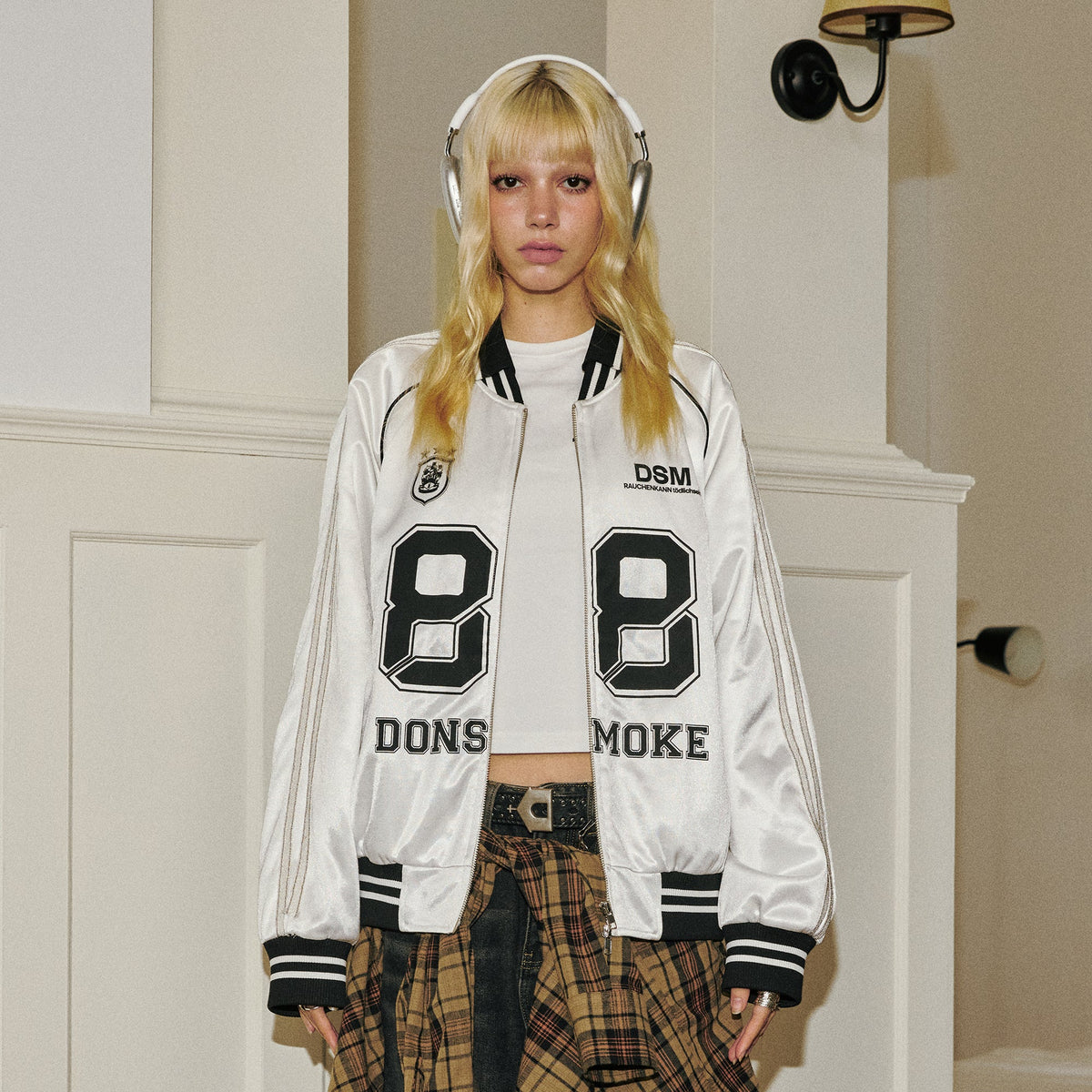 DONSMOKE Glossy Contrast Graphic Varsity Jacket