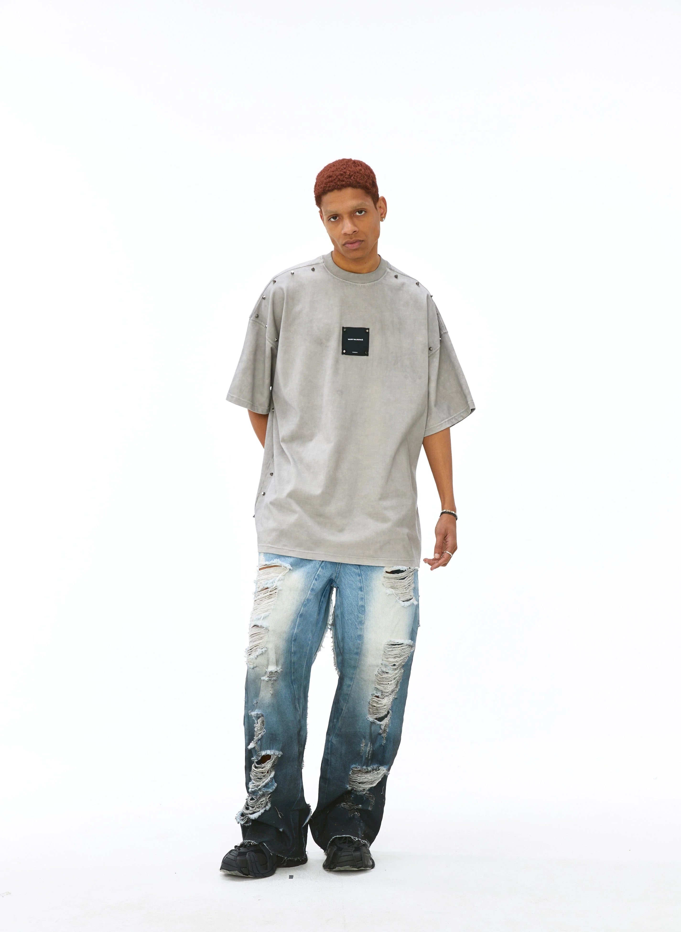 VANN VALRENCE Washed Studded Box Patch T-Shirt