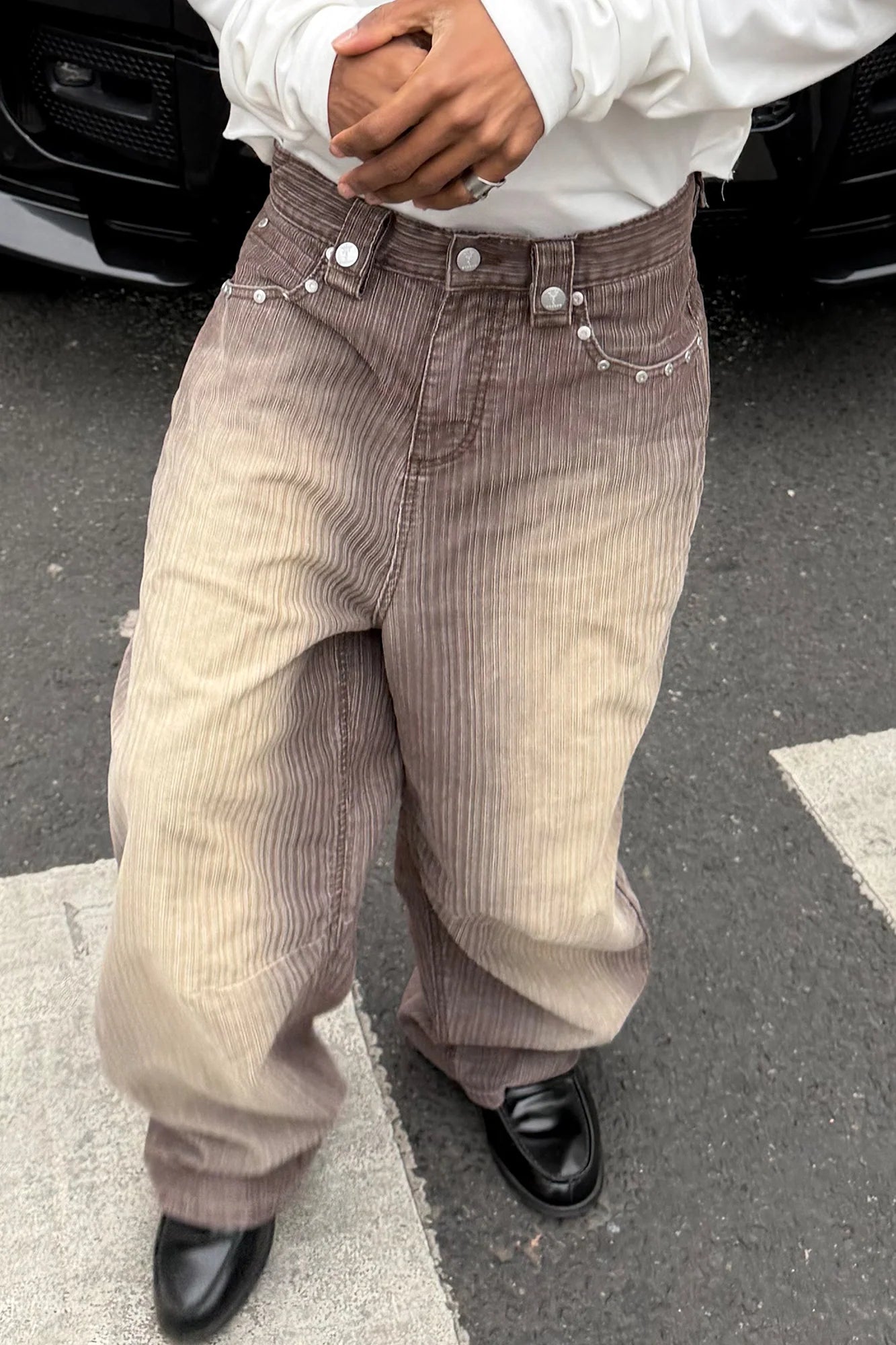 STEEPC Washed Striped Corduroy Studded Wide-Leg Pants