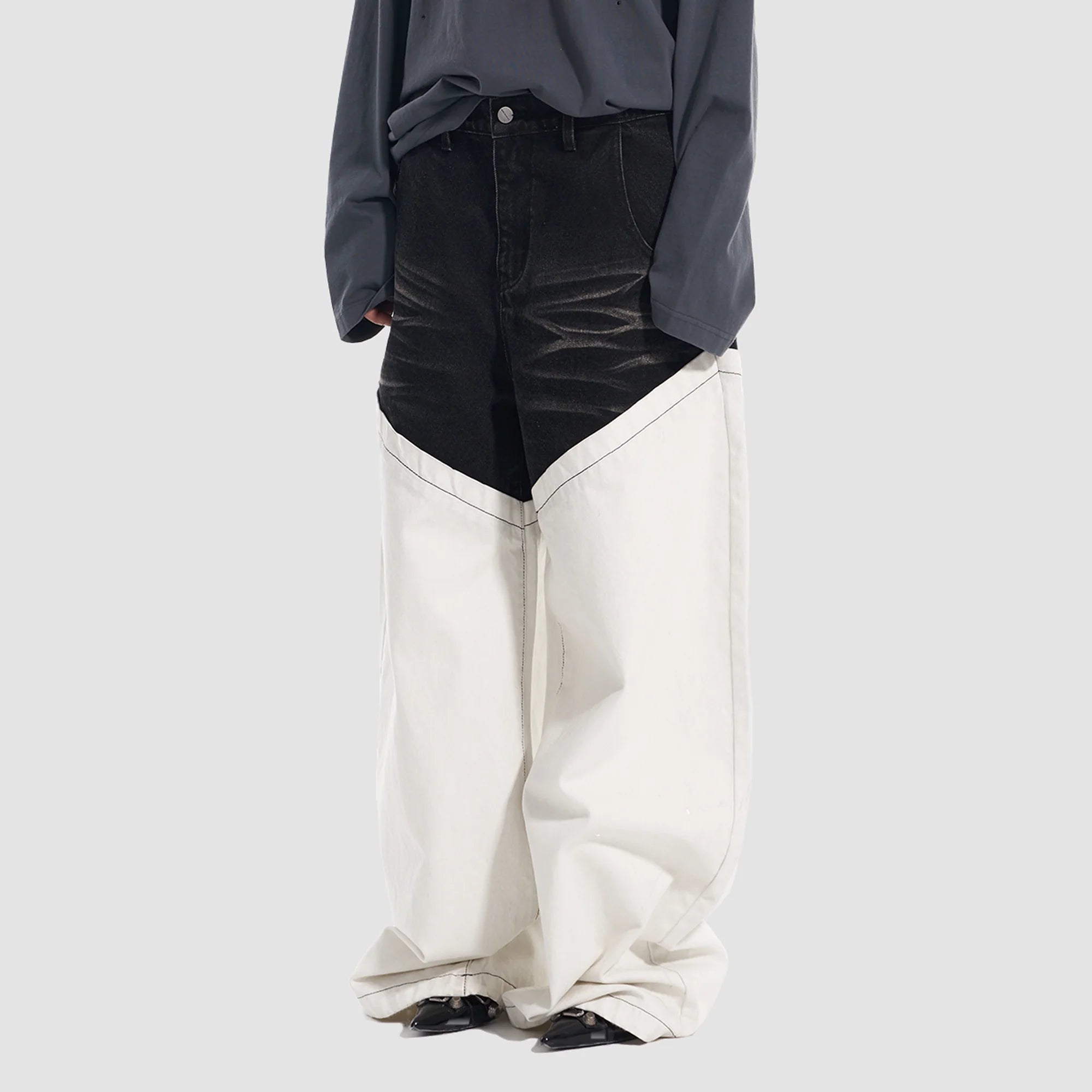 VANN VALRENCE Washed Contrast Panel Oversized Jeans