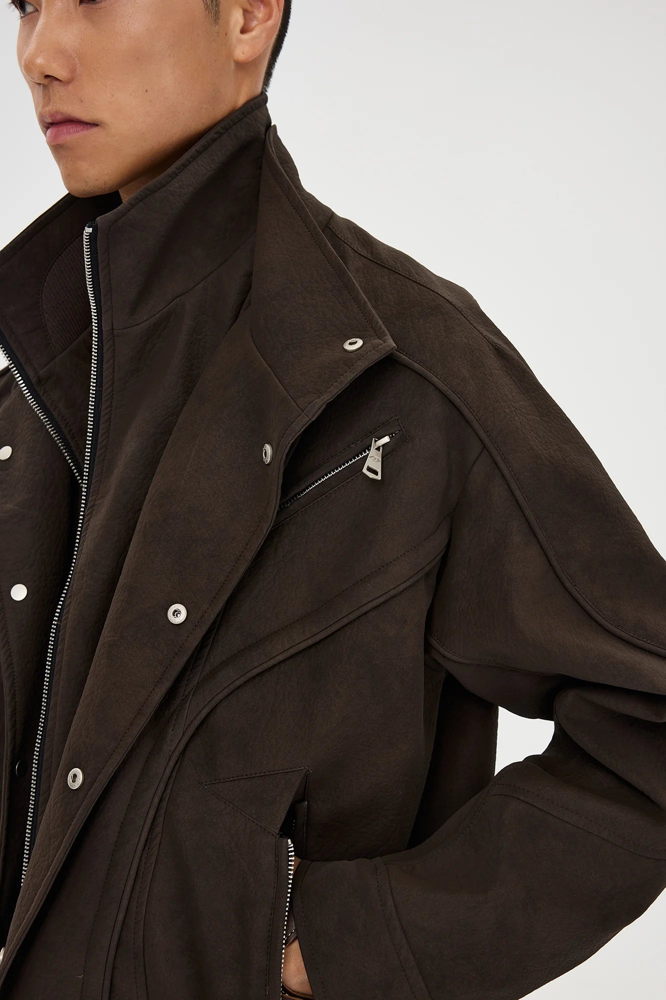 CATSSTAC Layered Placket Structured Paneled PU Jacket