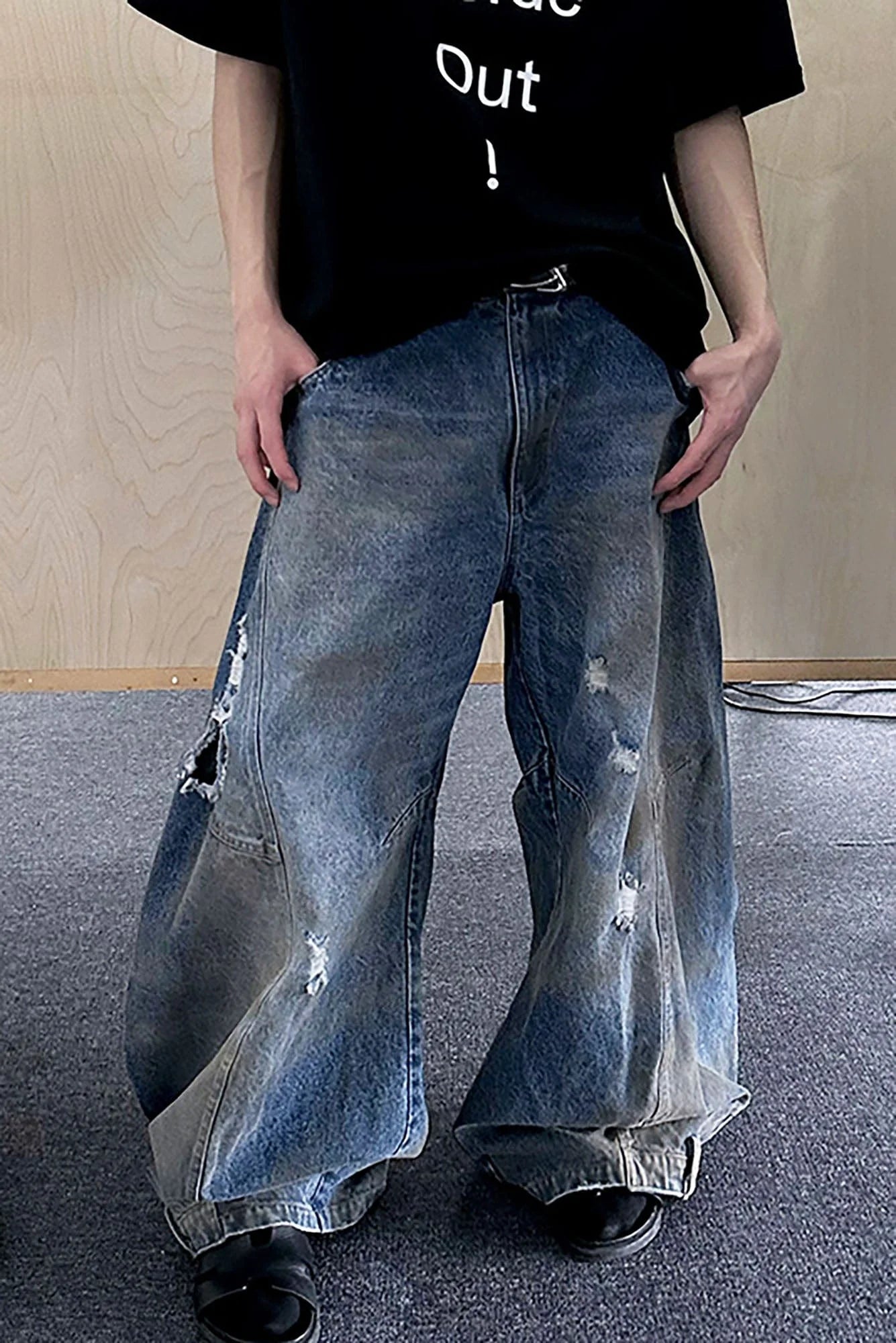 TRIANGLE PROJECT Distressed Dirty-Washed Oversized Jeans
