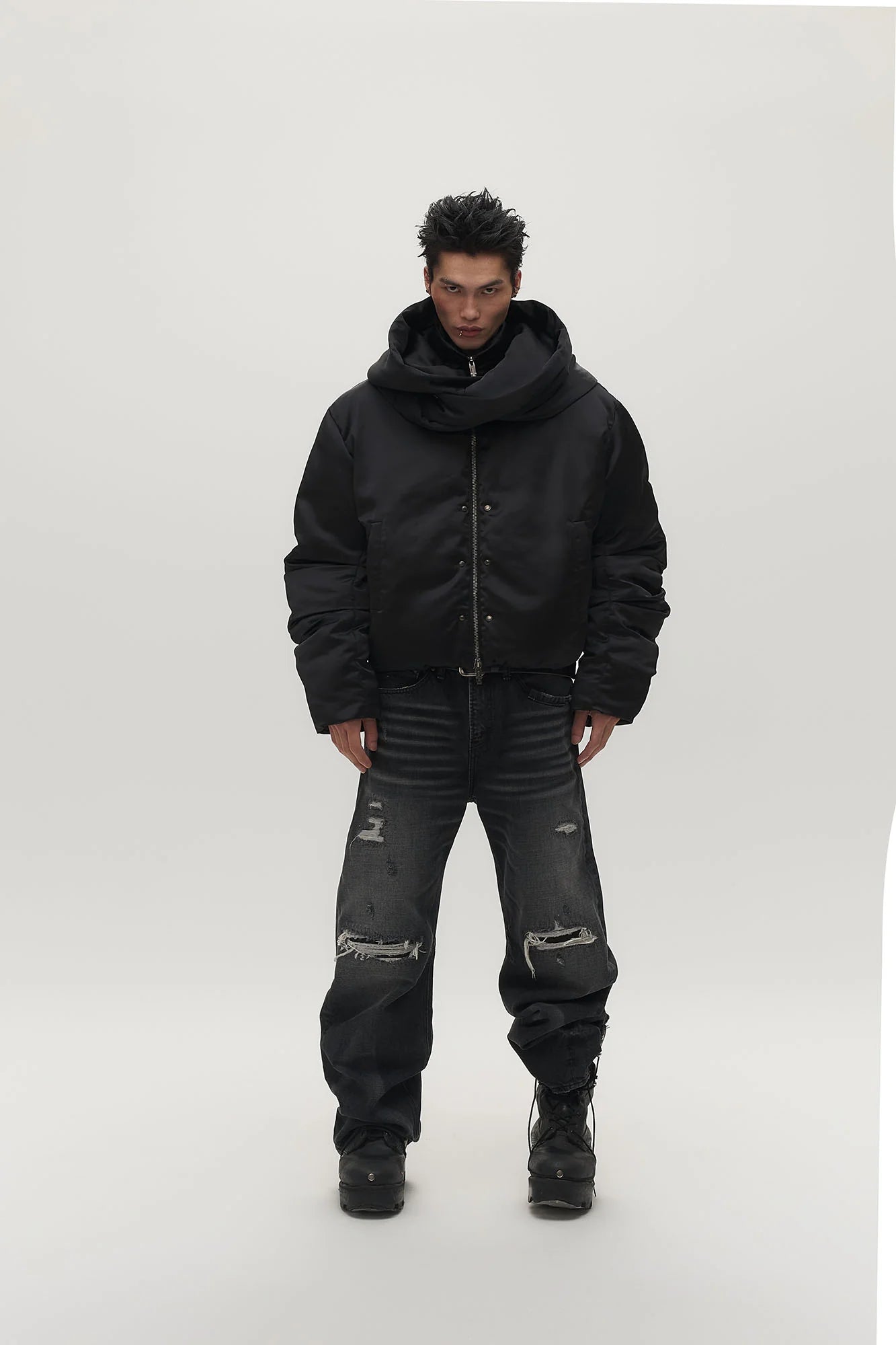 SAVAGEGROWTHWORLD Detachable Hood Satin Oversized Bomber Jacket