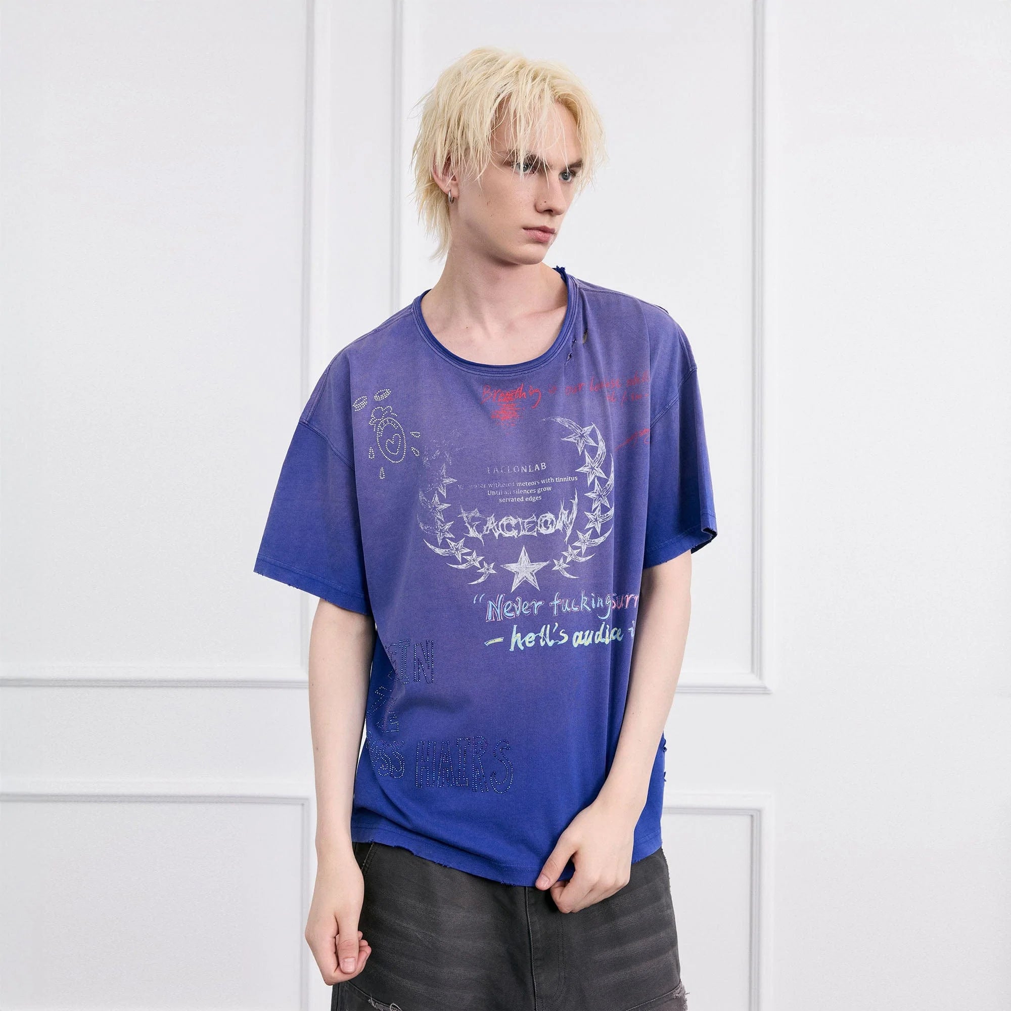 FACEONLAB Punk Graffiti Diamond Distressed T-Shirt