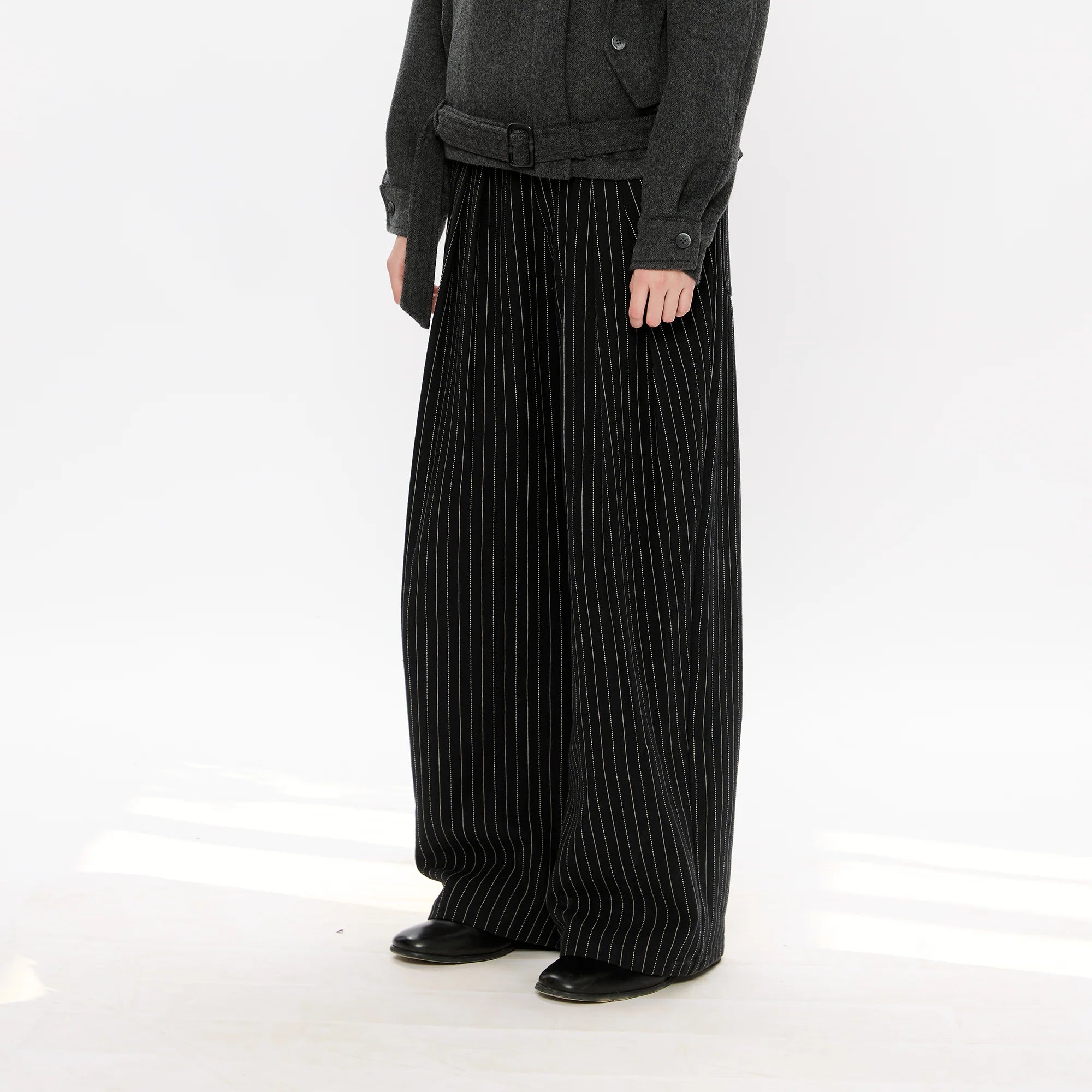 KREATE Pinstripe Pleated Draped Wide Trousers