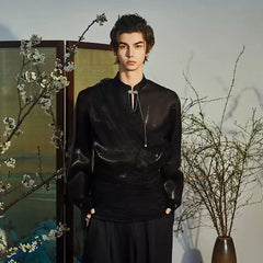 JIECHI Draped Sheer Brooch Organza Shirt