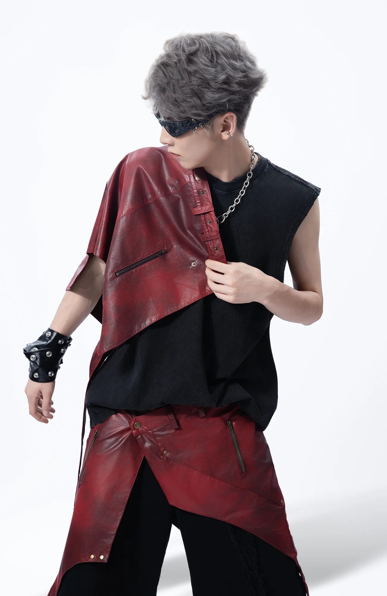 MOGONGSHE Detachable PU Drape  Frayed Cross Jeans