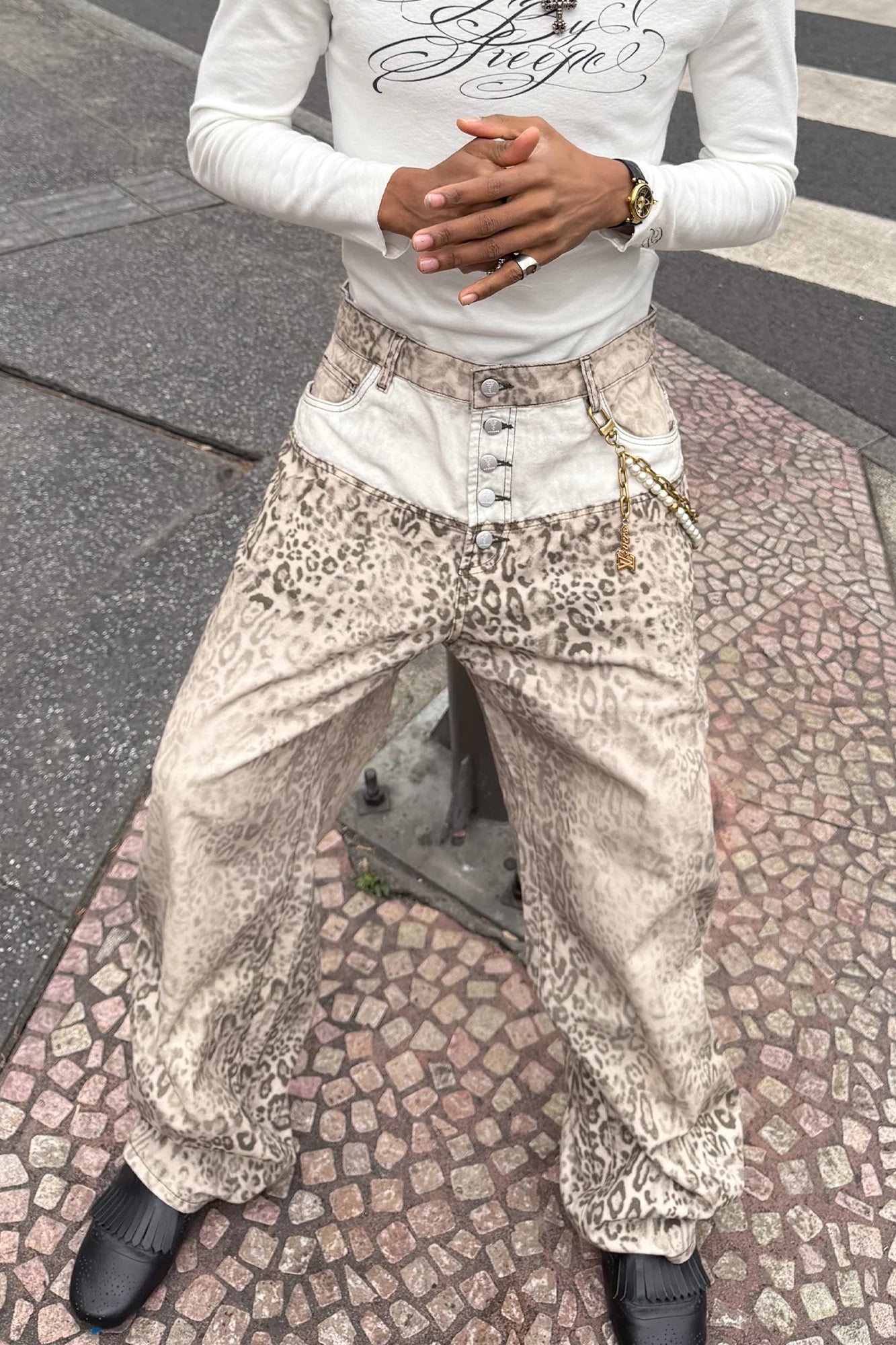 STEEPC Leopard Washed Paneled Wide-Leg Pants