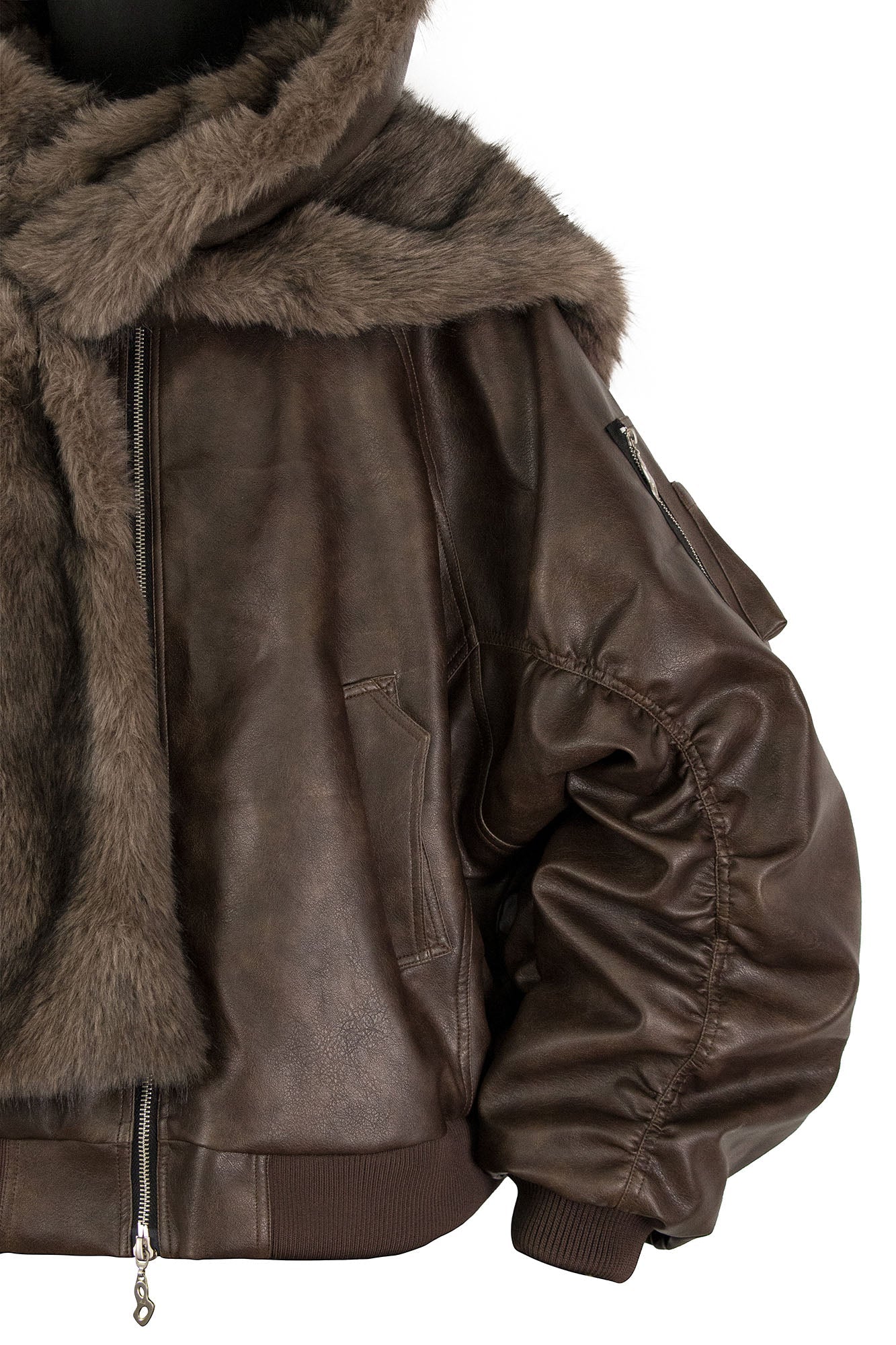 RELABEL Detachable Plush Scarf Ruched Hooded Jacket Brown