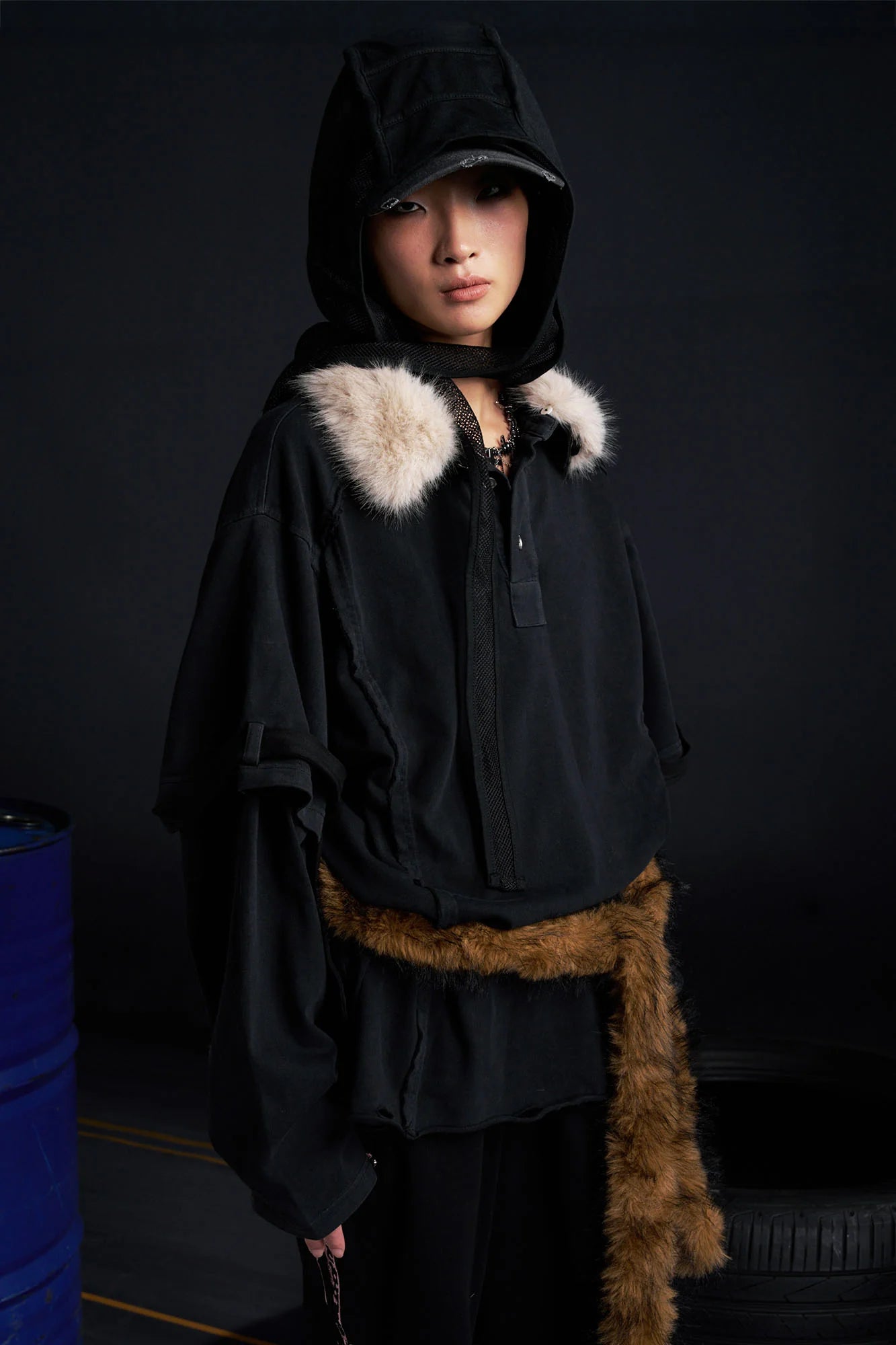 RECOVER ZONE Detachable Faux Fur Collar Long Sleeve Shirt