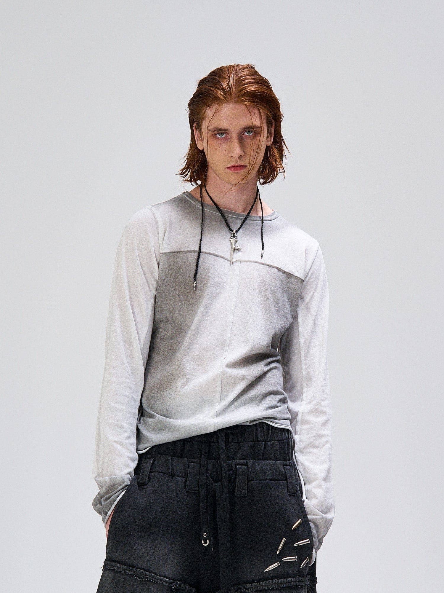 FLYERRER Washed Gradient Cross-Panel Raw-Edge Long-Sleeve Tee