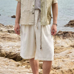 ALVNG AR ANTS Textured Mesh Pleated Braided Tassel Belt Shorts