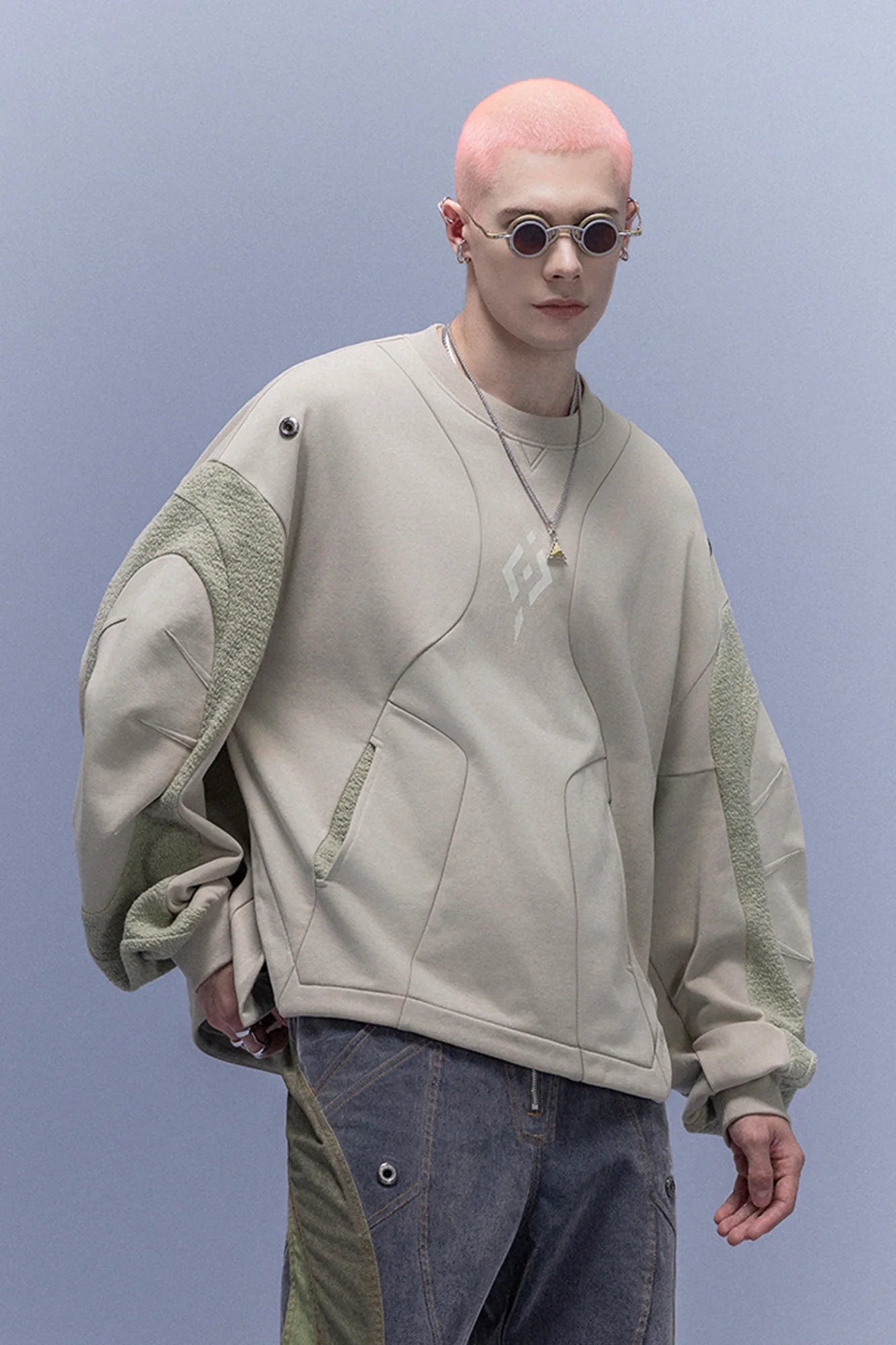 XIPHEVIL Utility Paneled Crewneck Sweatshirt Green