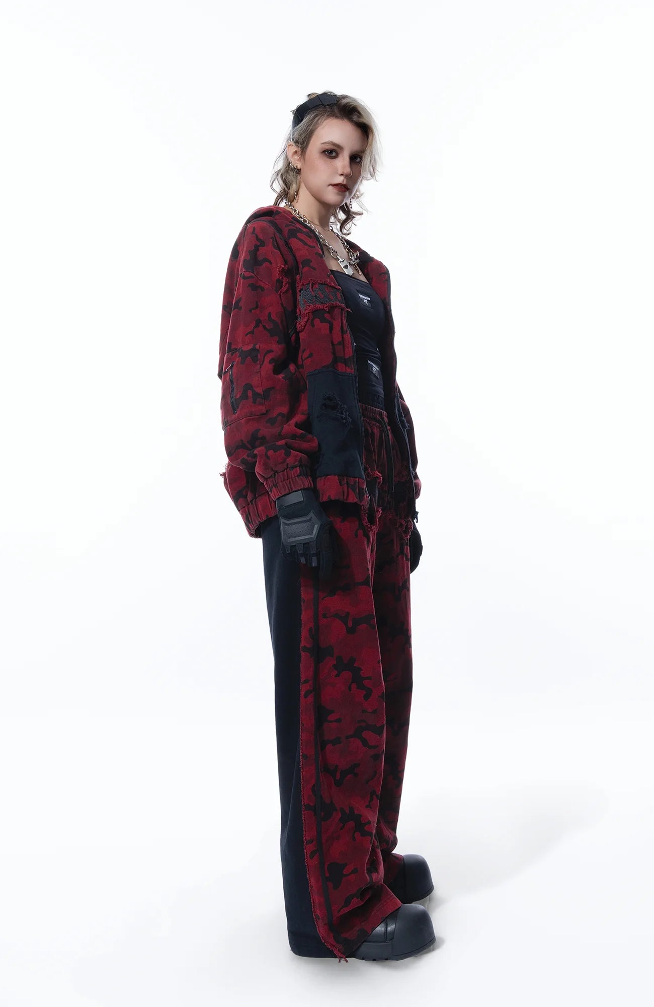 MOGONGSHE Camo Contrast Panel Double-Waist Oversized Sweatpants