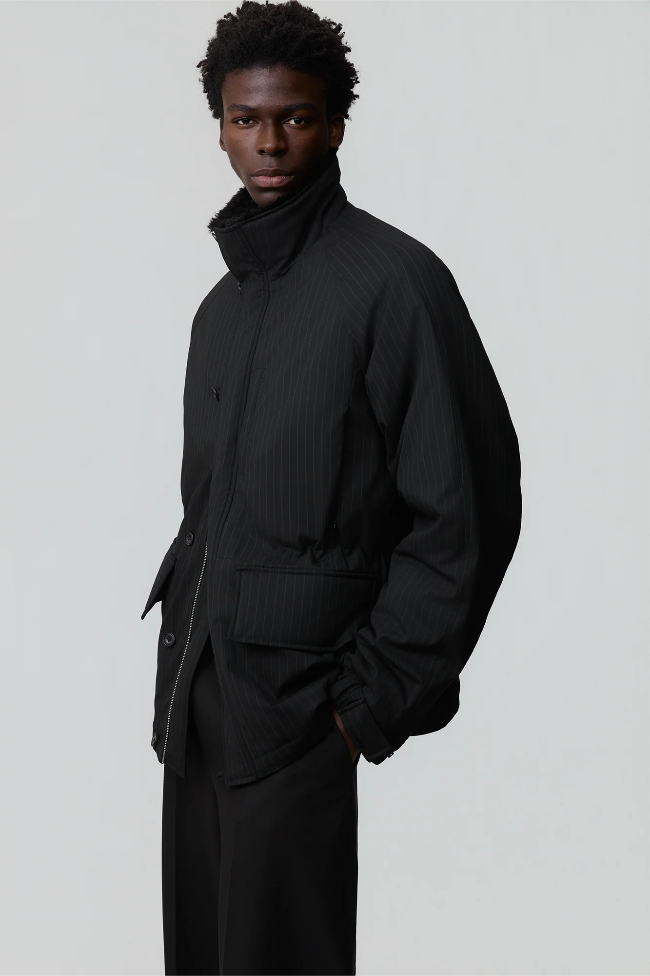 OPICLOTH Pinstriped Faux Fur-Lined Drawstring Jacket
