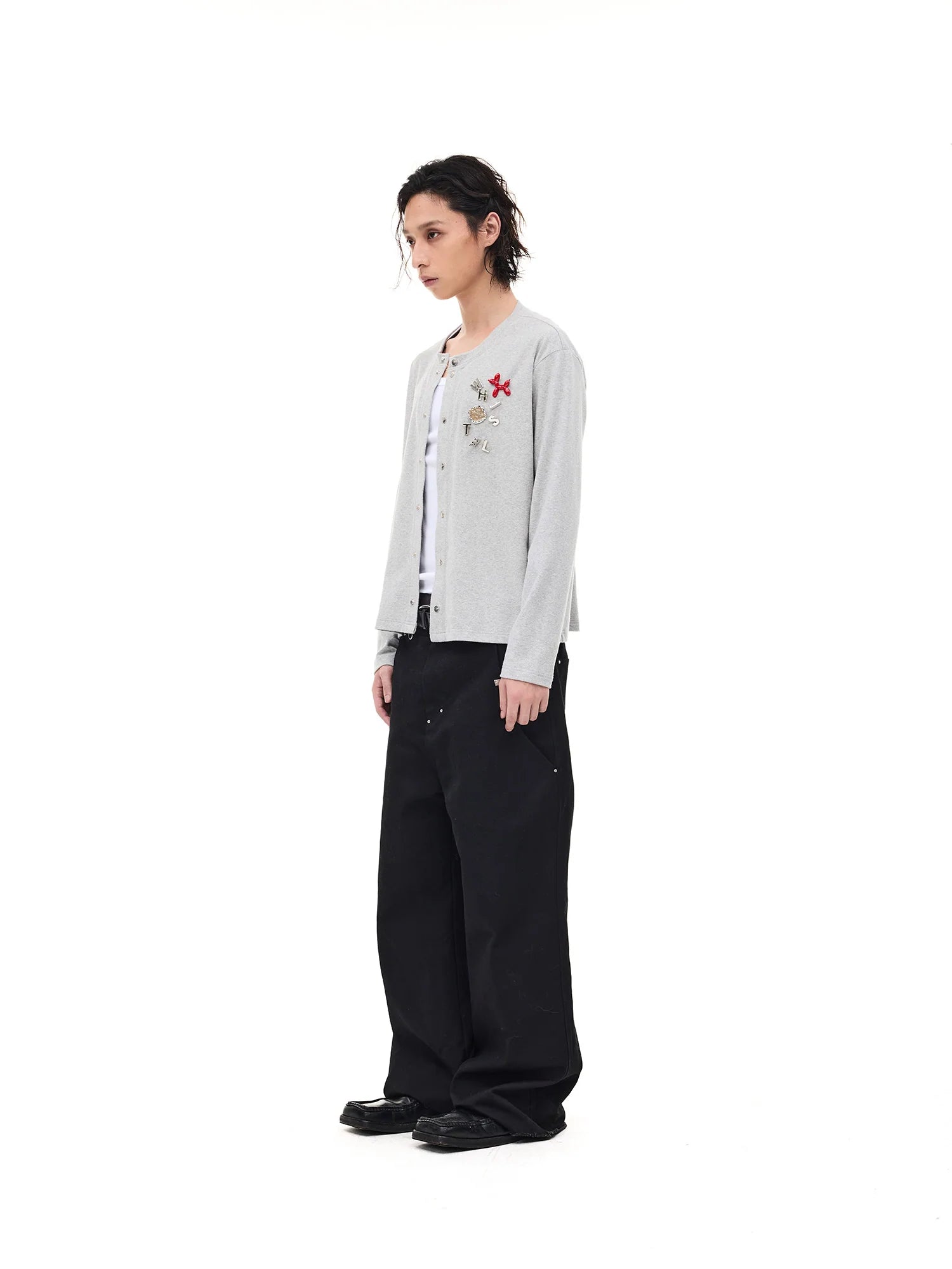 WHISTLEHUNTER Monogram Pin Wool-Blend Snap Cardigan
