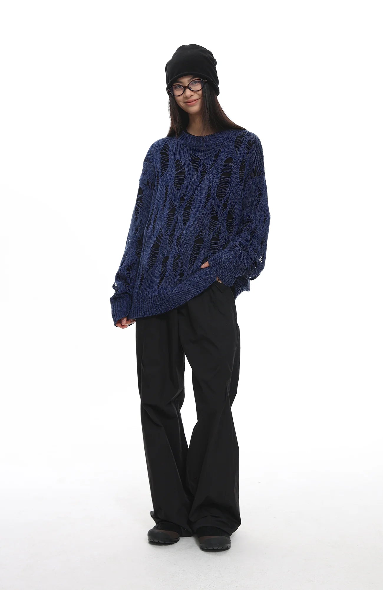 ROARINGWILD A ARCH Distressed Hollowed-Knit Sweater