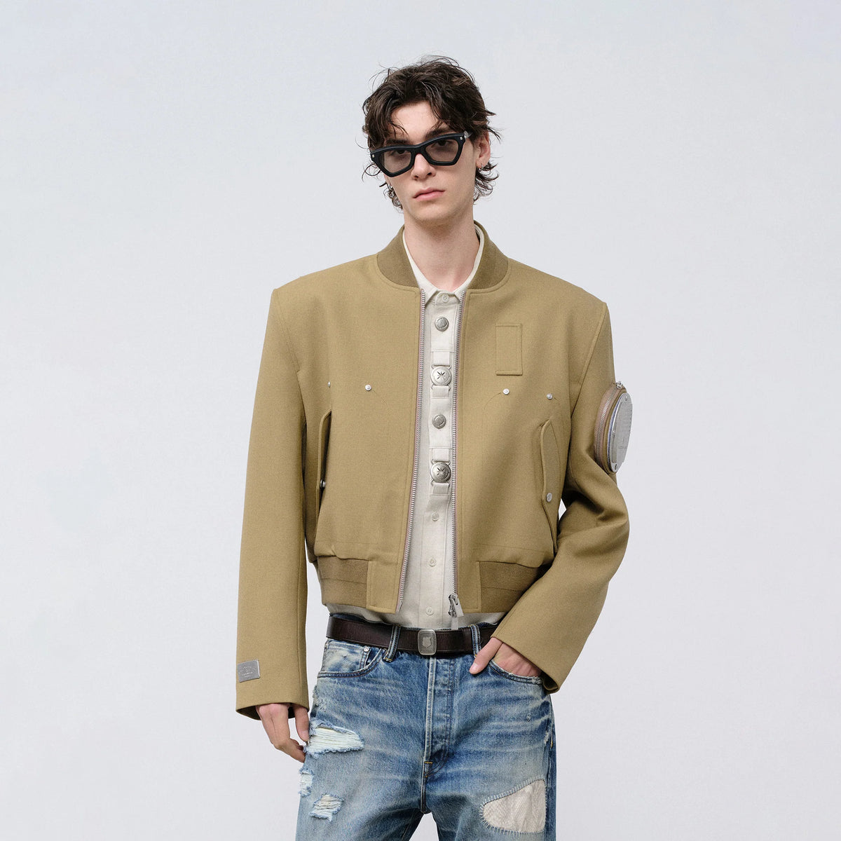 FACEONLAB Arm-Patched Bomber Jacket Khaki