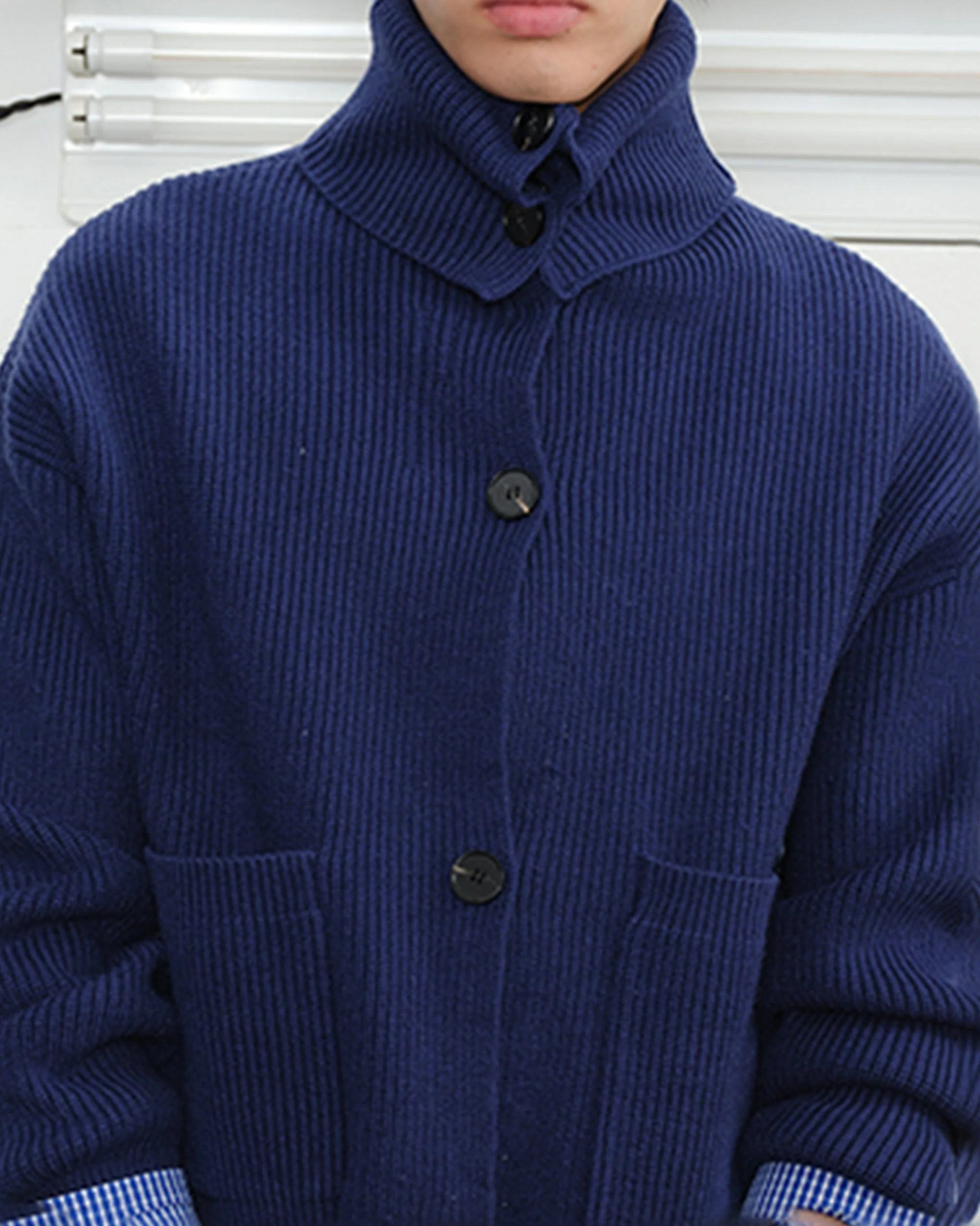 KREATE High-Collar Big-Pocket Button-Up Knitted Jacket
