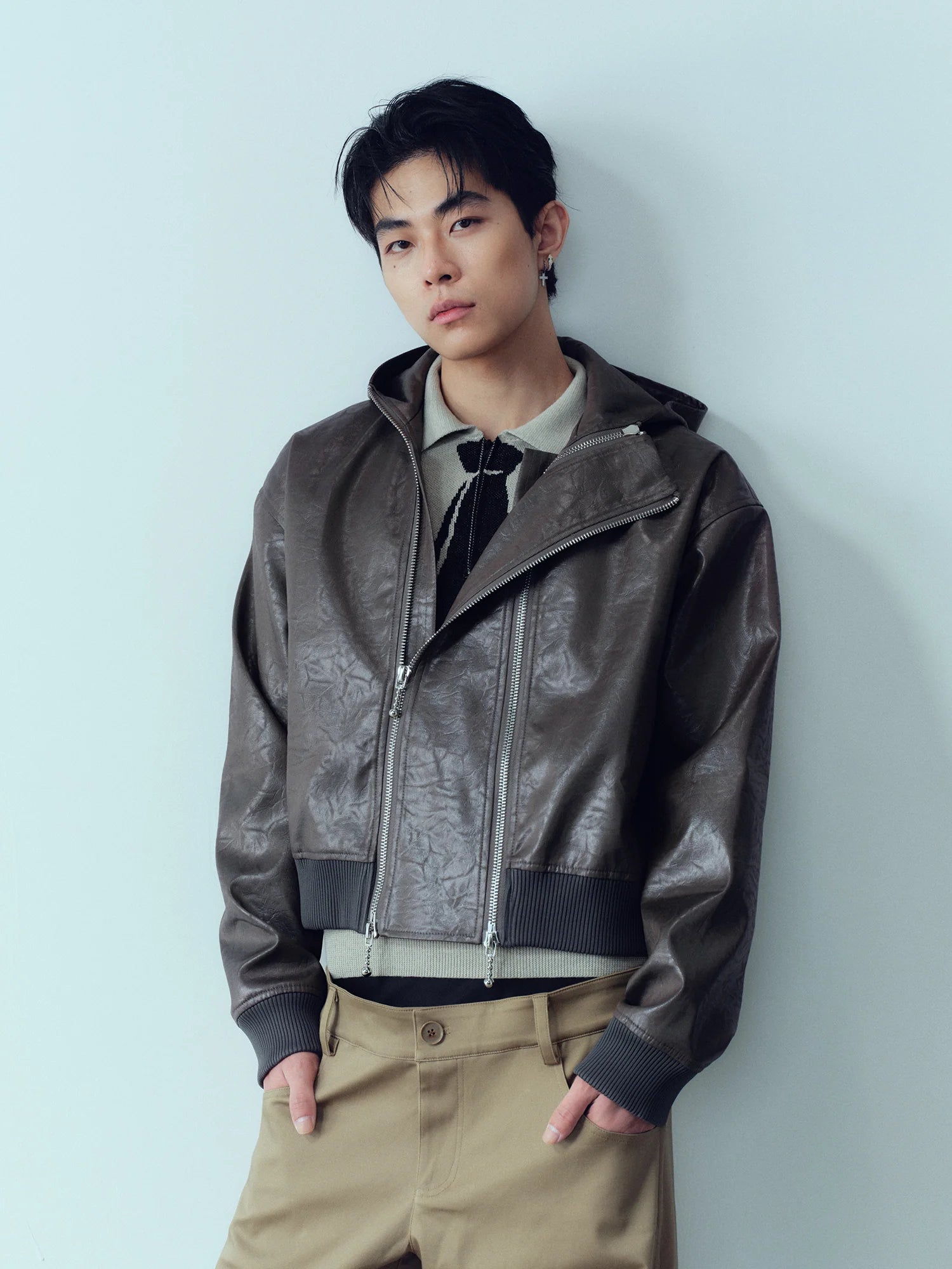 KADAKADA Faux Leather Dual-Zipper Hooded Jacket