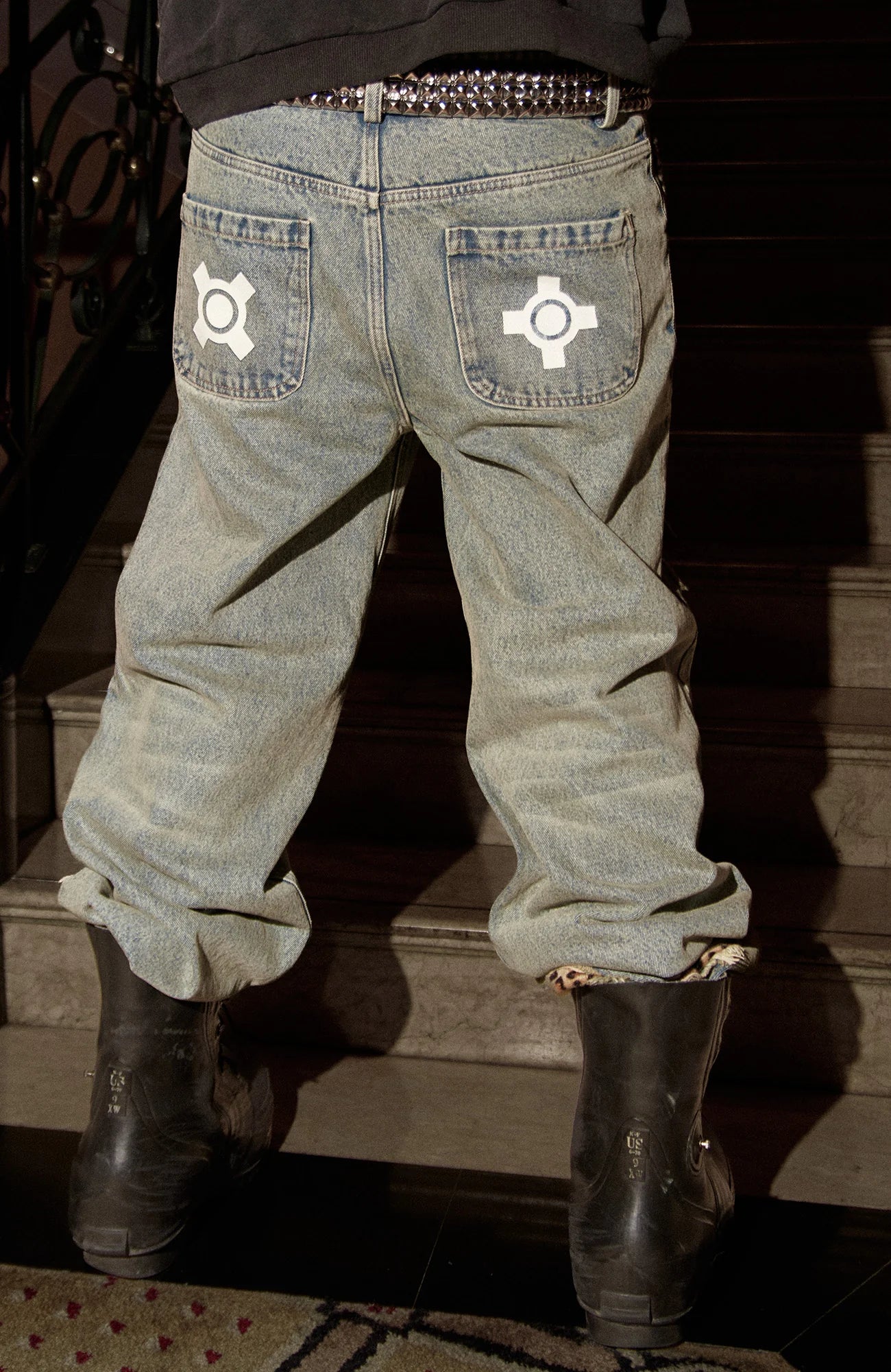 PHANTOMHUNTER Washed Leopard Patch Baggy Jeans