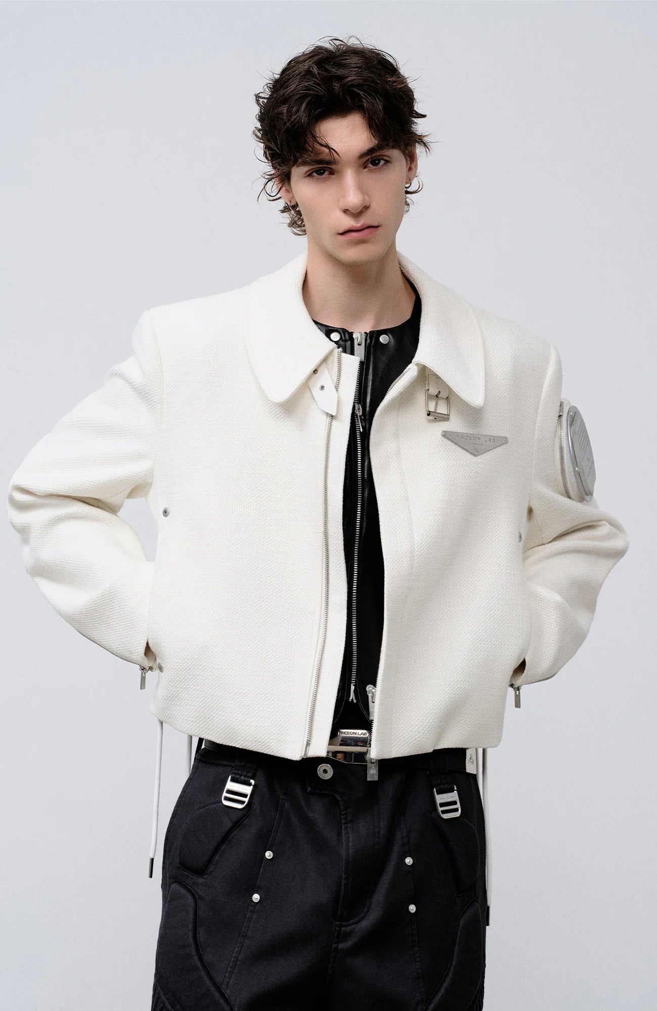 FACEONLAB Arm-Patched Cropped Naval Jacket White