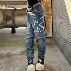VINKID Dove Embroidered Distressed Stacked Jeans