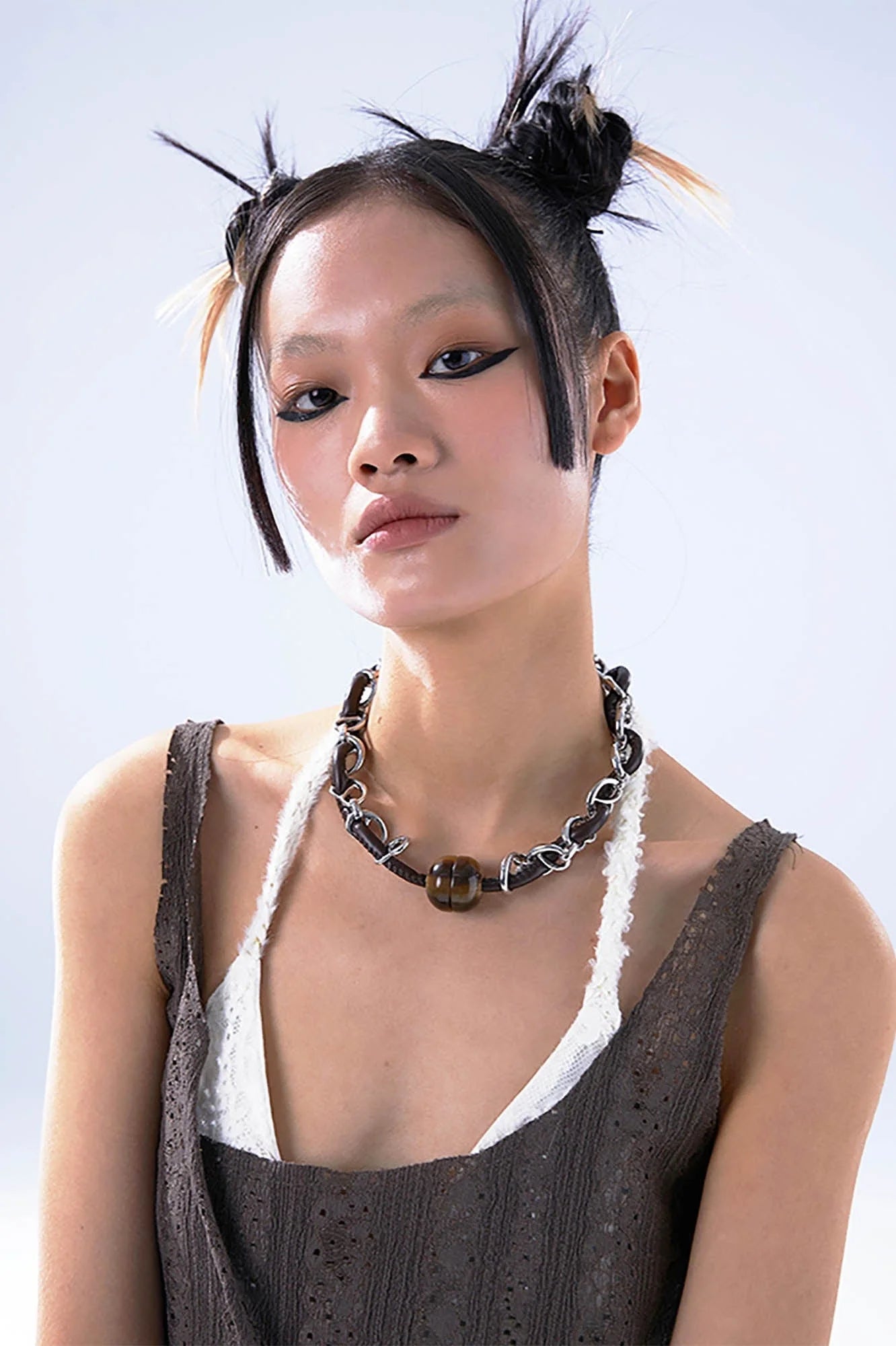 SCHWARZGOLD Leather Cord & Chain Snap Bead Necklace