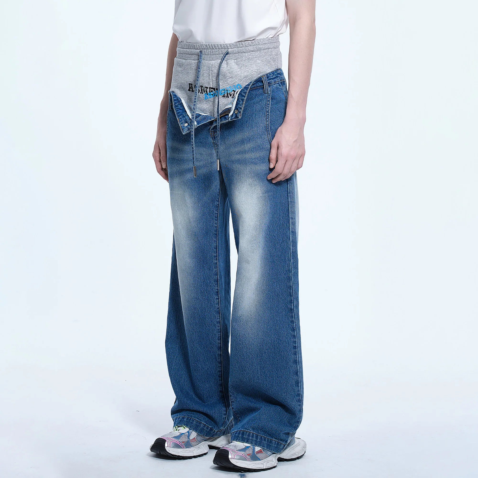 TIWILLTANG Layered Sweatband Washed Denim Pants