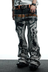 DND4DES Distressed Print Double-Waist Flare Jeans White